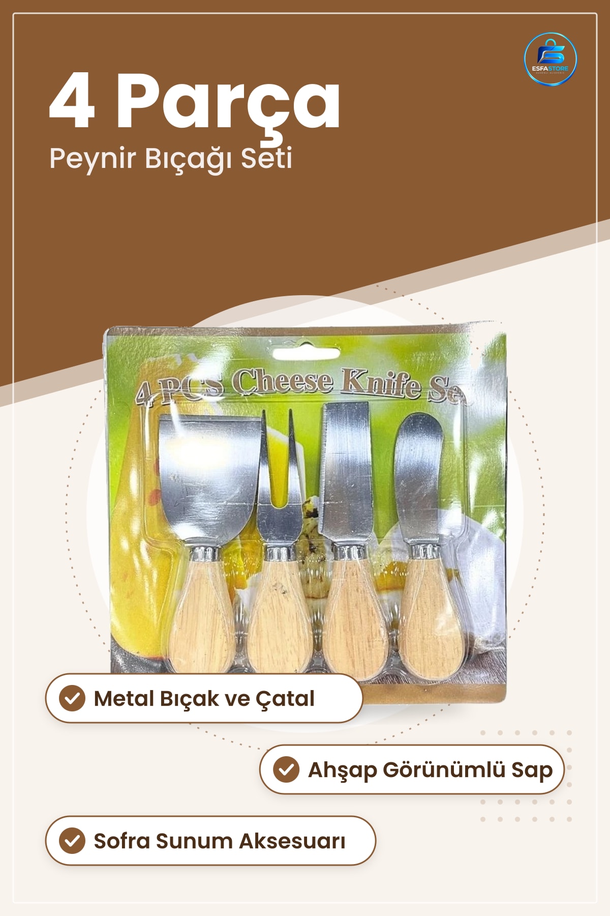 4 Parça Peynir Bıçağı Servis Seti Ahşap Saplı Çatal Bıçak Mutfak Sofra Sunum Aksesuarı
