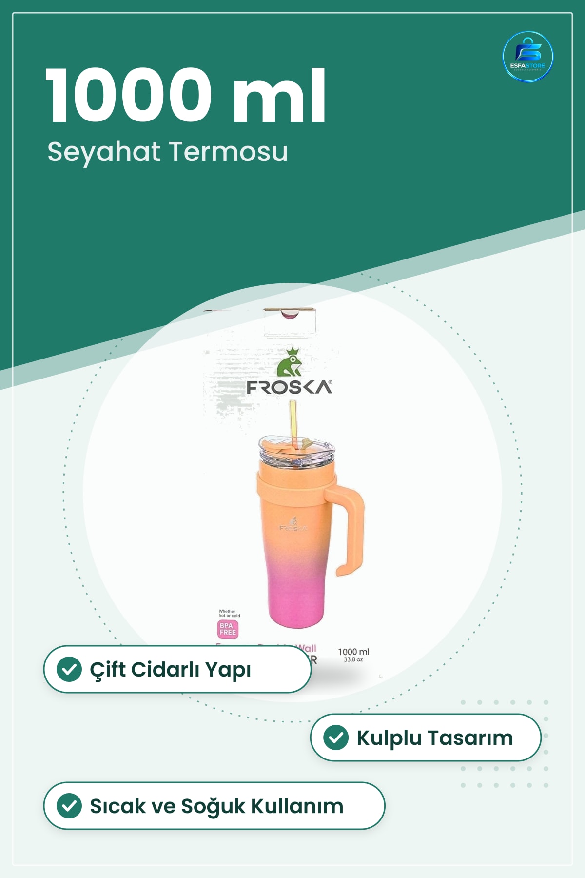 Pipetli Termos 1000 ml Kulplu Çift Cidarlı Sıcak Soğuk Seyahat Bardağı Kamp Mutfak Ürünü