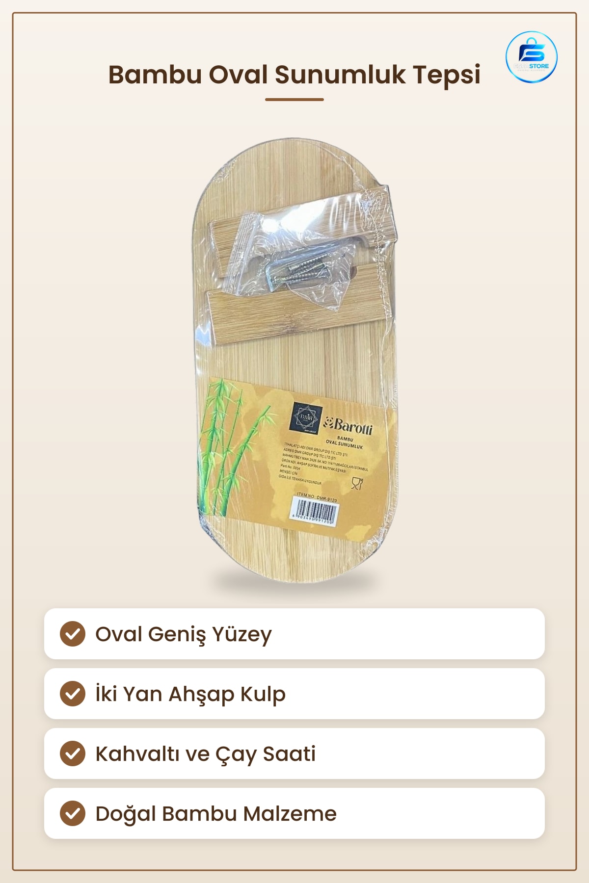 Bambu Oval Sunumluk Tepsi Kahvaltı ve Çay Saati Atıştırmalık Mutfak Servisi Kulplu