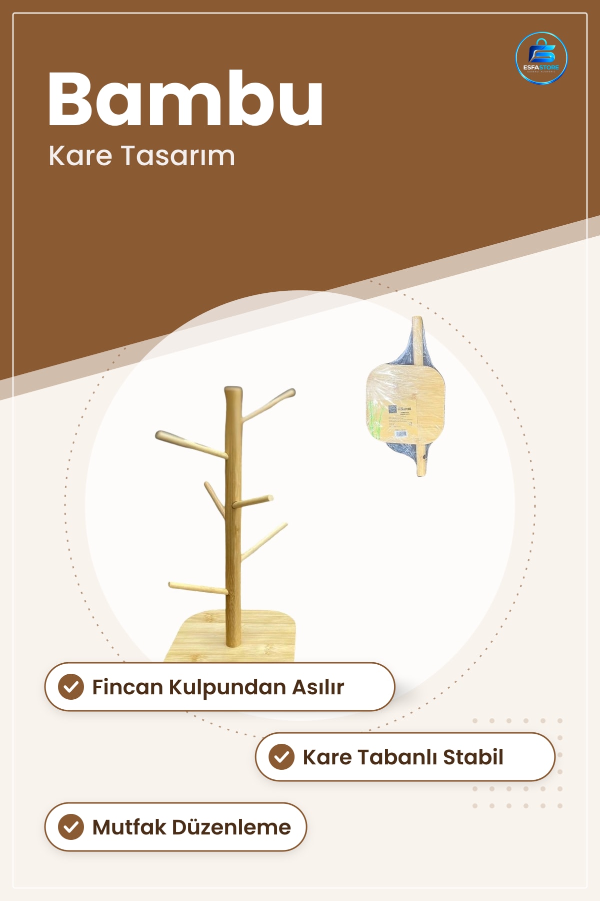 Fincan Asısı Kare Bambu Mutfak Saklama Ağaç Model Standı Sofra Düzenleme Aksesuarı