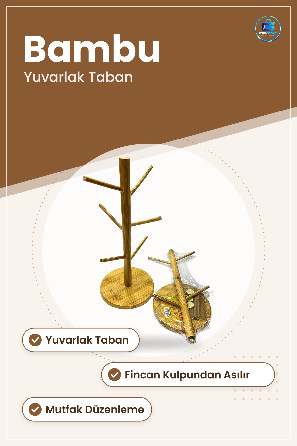 Fincan Asısı Yuvarlak Bambu Mutfak Düzenleyici Bardak Tutucu Standı Kupa Asklık Kullanışlı