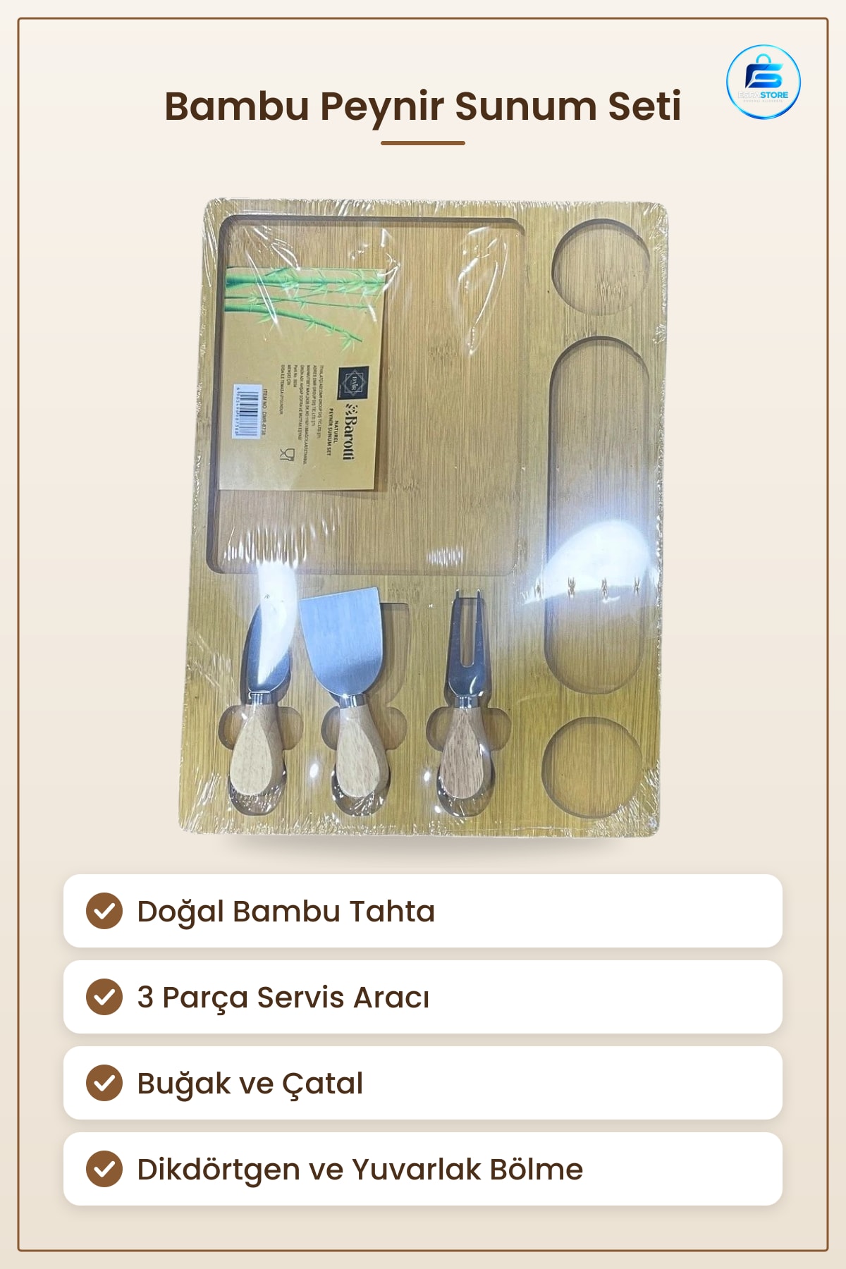 Bambu Kesme Tahtası Peynir Sunum Seti Bıçak Çatal Mutfak Servis Tabağı Doğal Ahşap Yemek