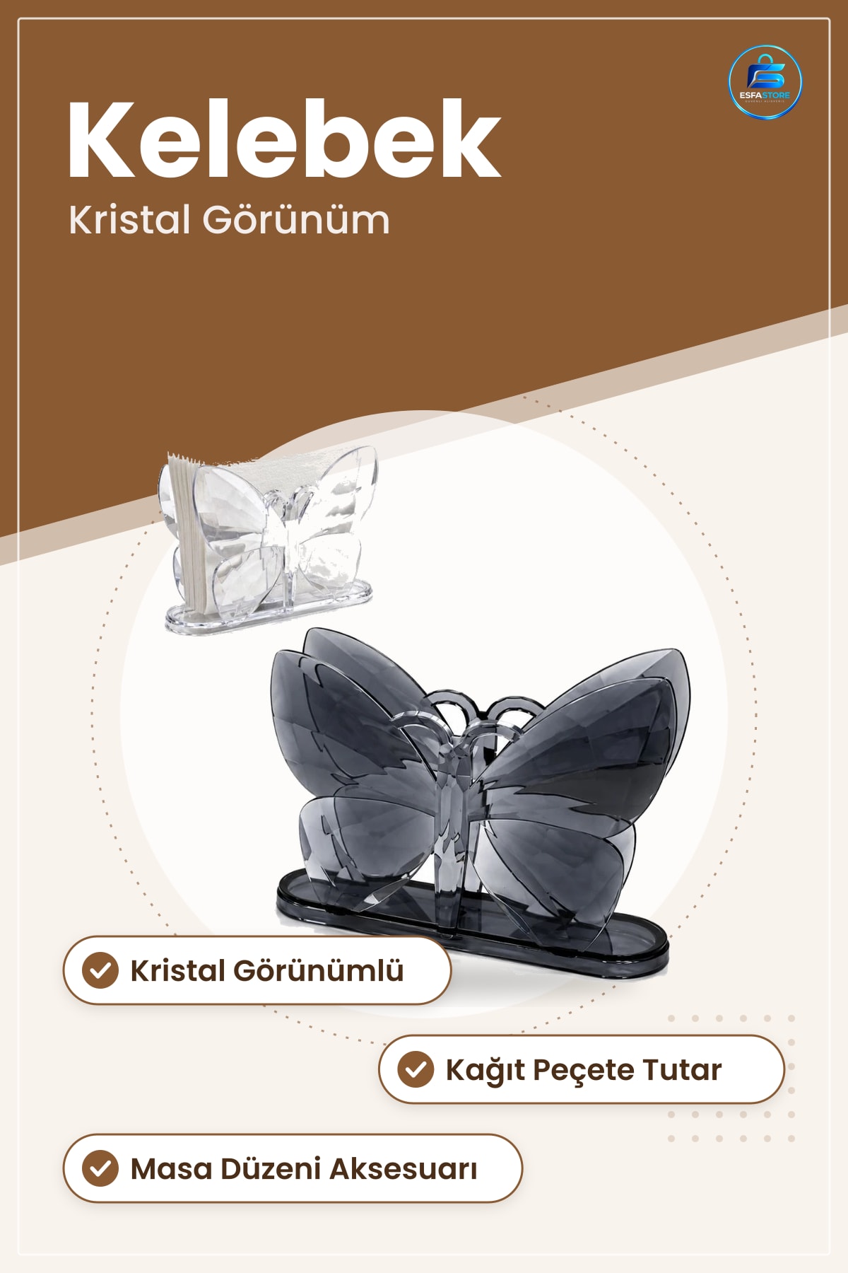 Kelebek Motifli Kristal Görünümlü Peçetelik Sofra Masa Düzeni Aksesuarı Mutfak İçin