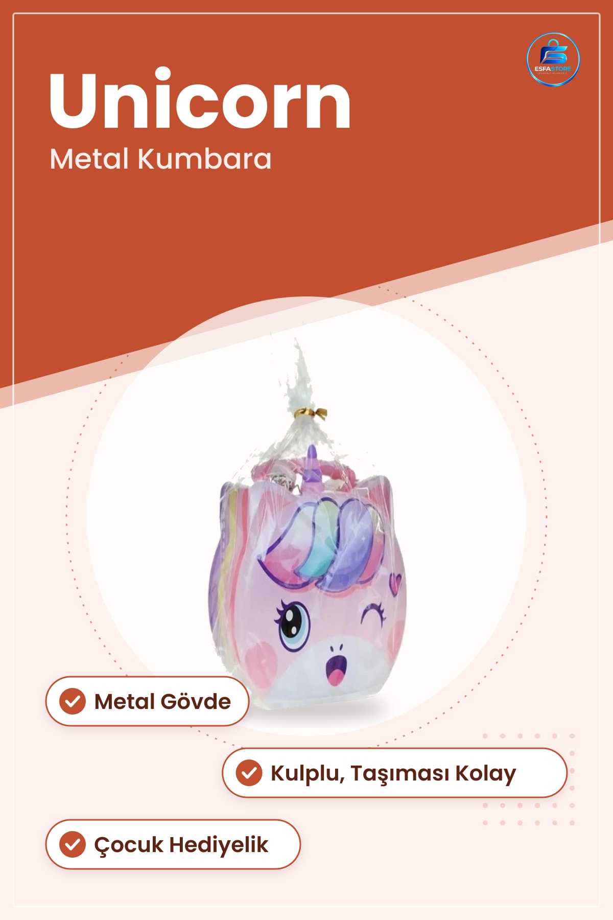 Kumbara Kulplu Metal Unicorn Figürlü Çocuk Hediyelik Bozuk Para Biriktirme Kutusu Pembe