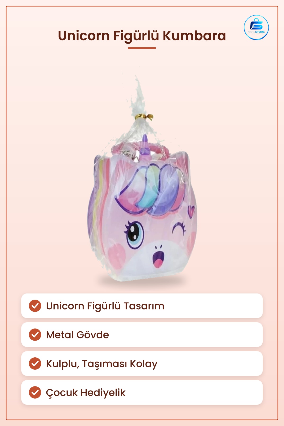 Kumbara Kulplu Metal Unicorn Figürlü Çocuk Hediyelik Bozuk Para Biriktirme Kutusu Pembe