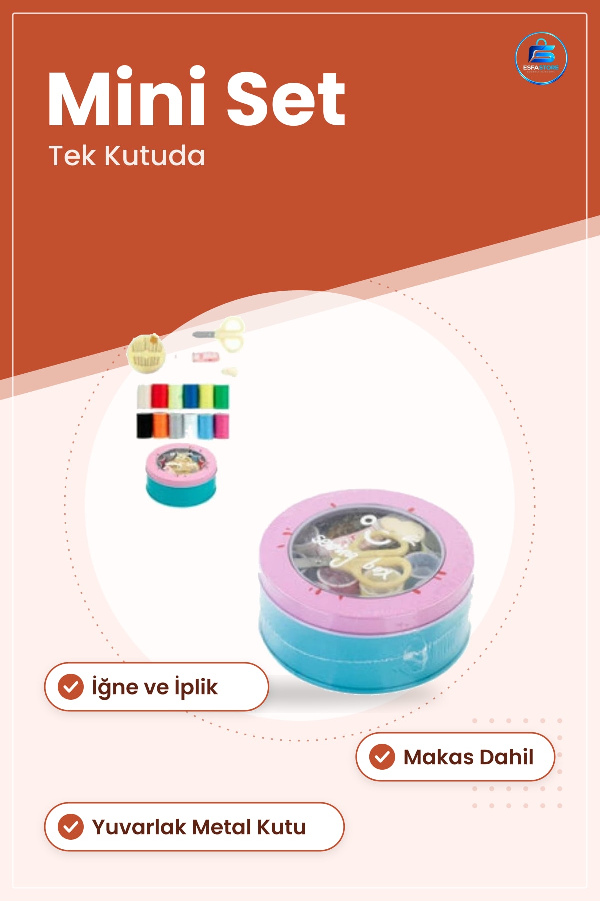 Metal Kutu Dikiş Seti İğne İplik Makası Yuvarlak Kutulu Mini Tamirat Ev Kullanımı Pratik