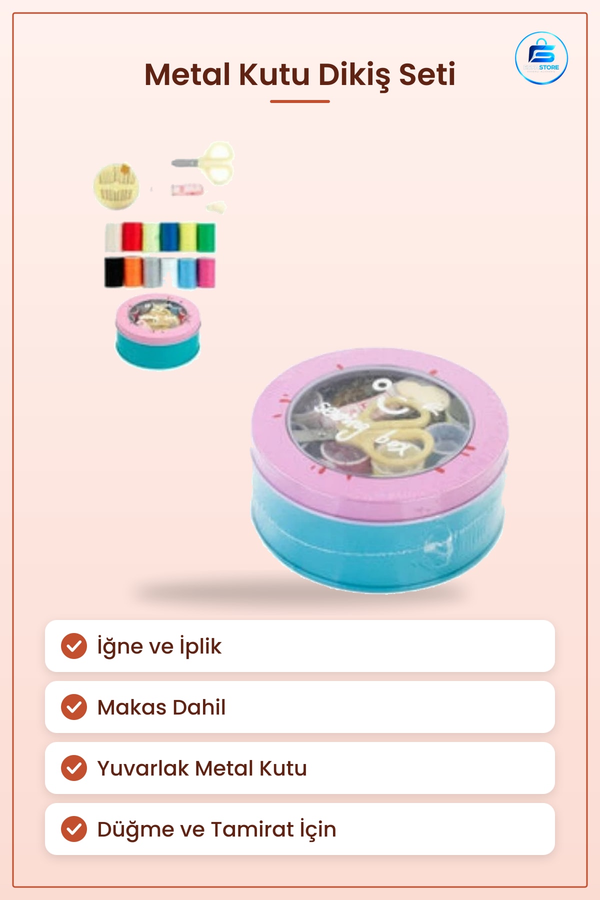 Metal Kutu Dikiş Seti İğne İplik Makası Yuvarlak Kutulu Mini Tamirat Ev Kullanımı Pratik