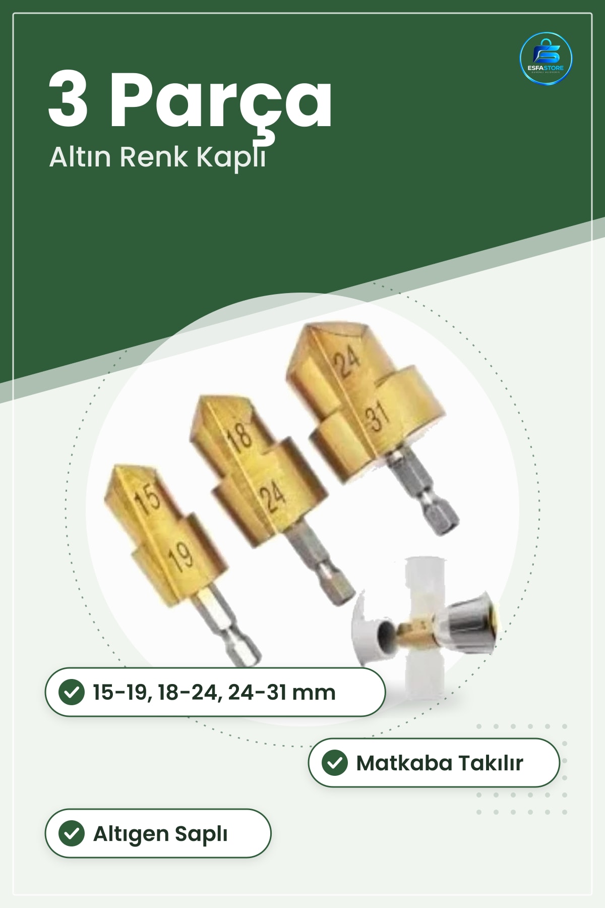 Su Borusu Genişletme Matkap Ucu 3 Parça Set Tesisat Bağlantı Aparatı Altın Renk Genişletici