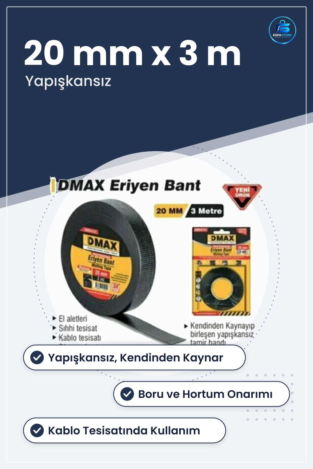 Eriyen Bant 20 mm x 3 m Tamir Bandı Yapışkansız Kendinden Kaynayan Boru Hortum Tesisat