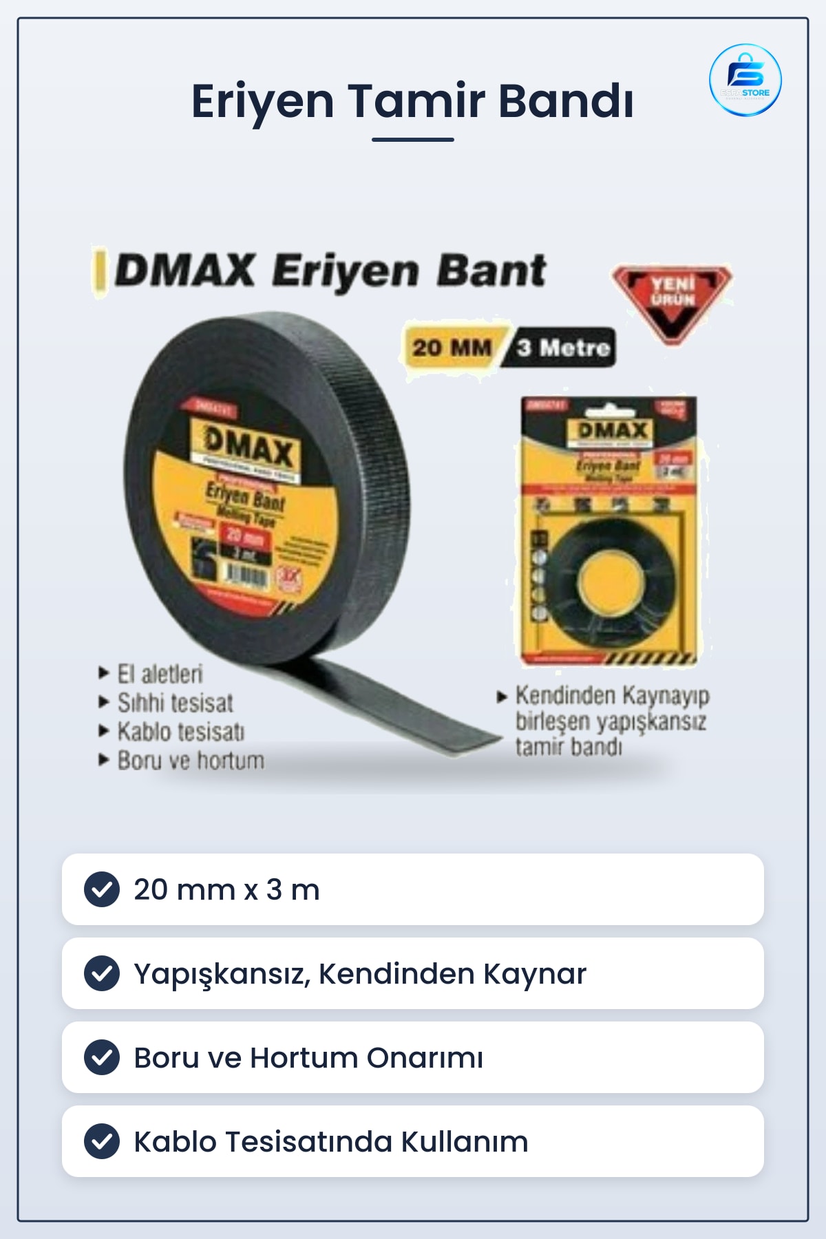 Eriyen Bant 20 mm x 3 m Tamir Bandı Yapışkansız Kendinden Kaynayan Boru Hortum Tesisat