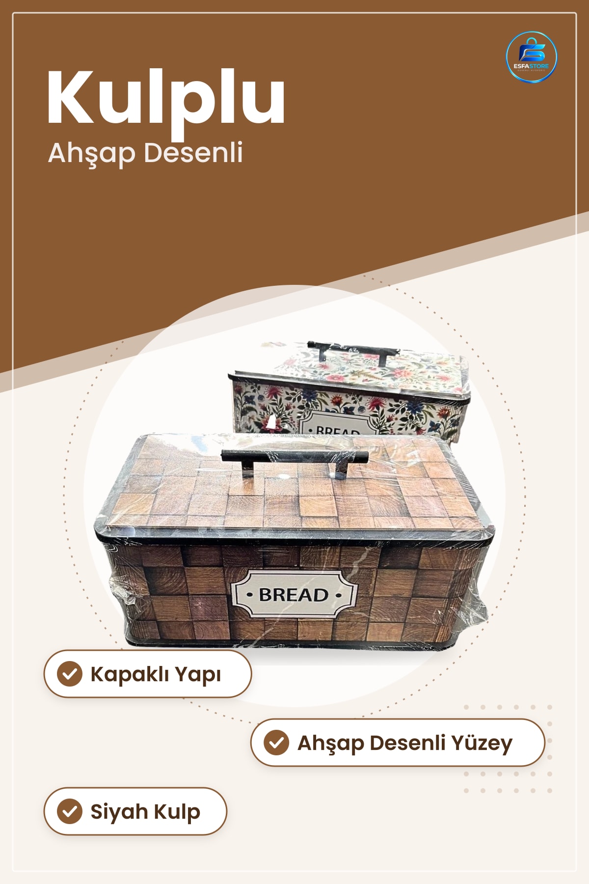 Kulplu Ahşap Desenli Ekmek Kutusu Kapaklı Mutfak Saklama Kabı Ekmeklik Sepet Düzenleyici Ev
