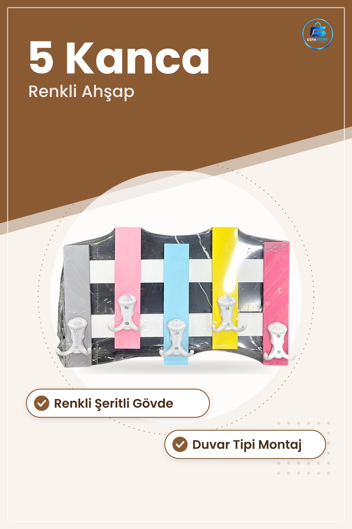 Askılık Renkli Ahşap Duvar Tipi 5 Kancalı Antre Hol Kıyafet Asma Dekoratif Ev Düzeni Aksesuarı
