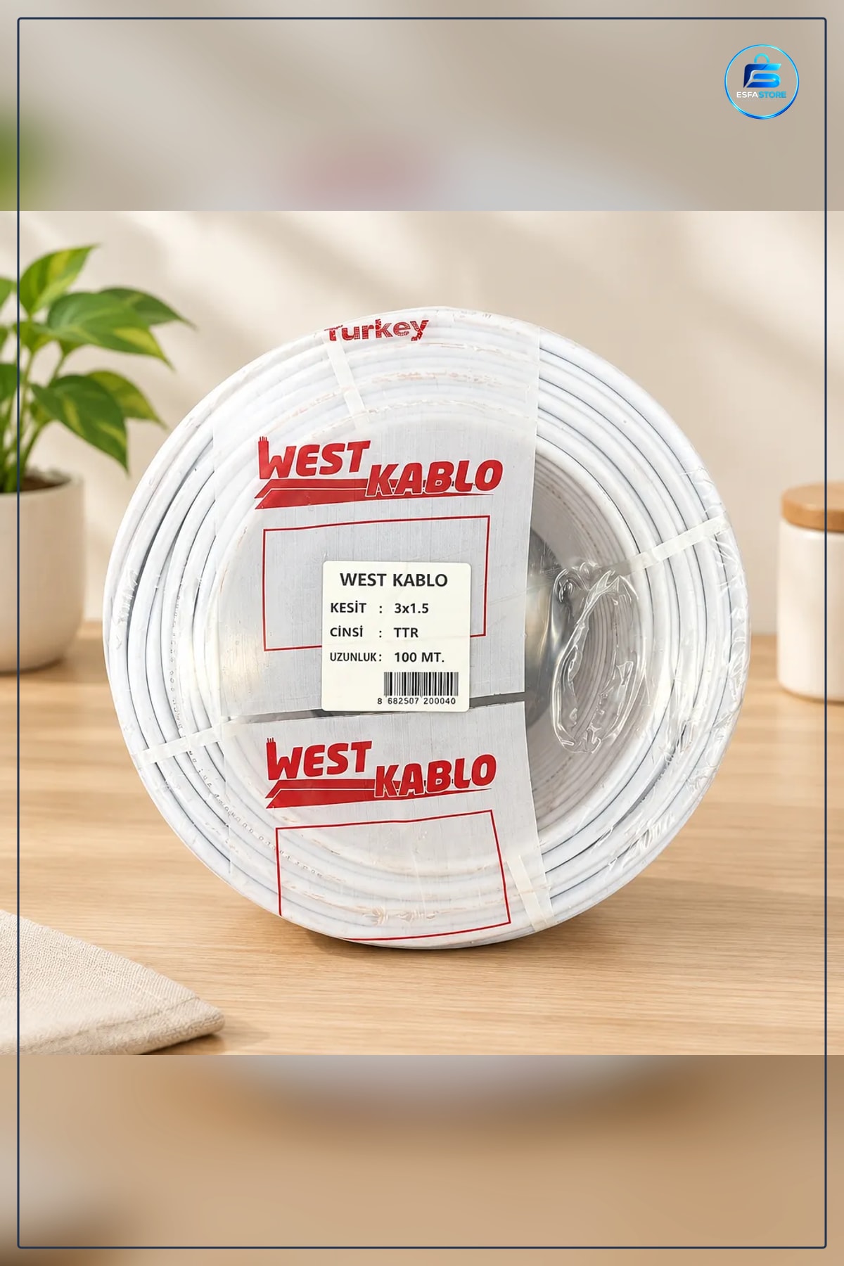 Elektrik Kablosu 3x1,5 mm TTR 100 Metre Bobin Beyaz Ev Tesisatı İçin Tek Makara Kablo