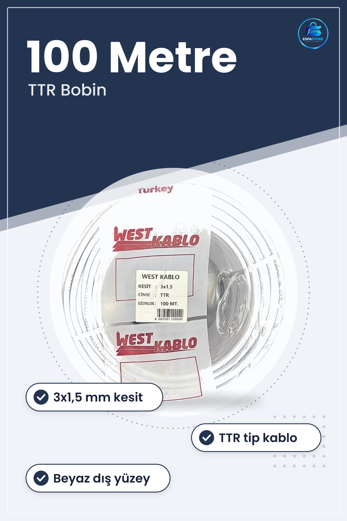 Elektrik Kablosu 3x1,5 mm TTR 100 Metre Bobin Beyaz Ev Tesisatı İçin Tek Makara Kablo