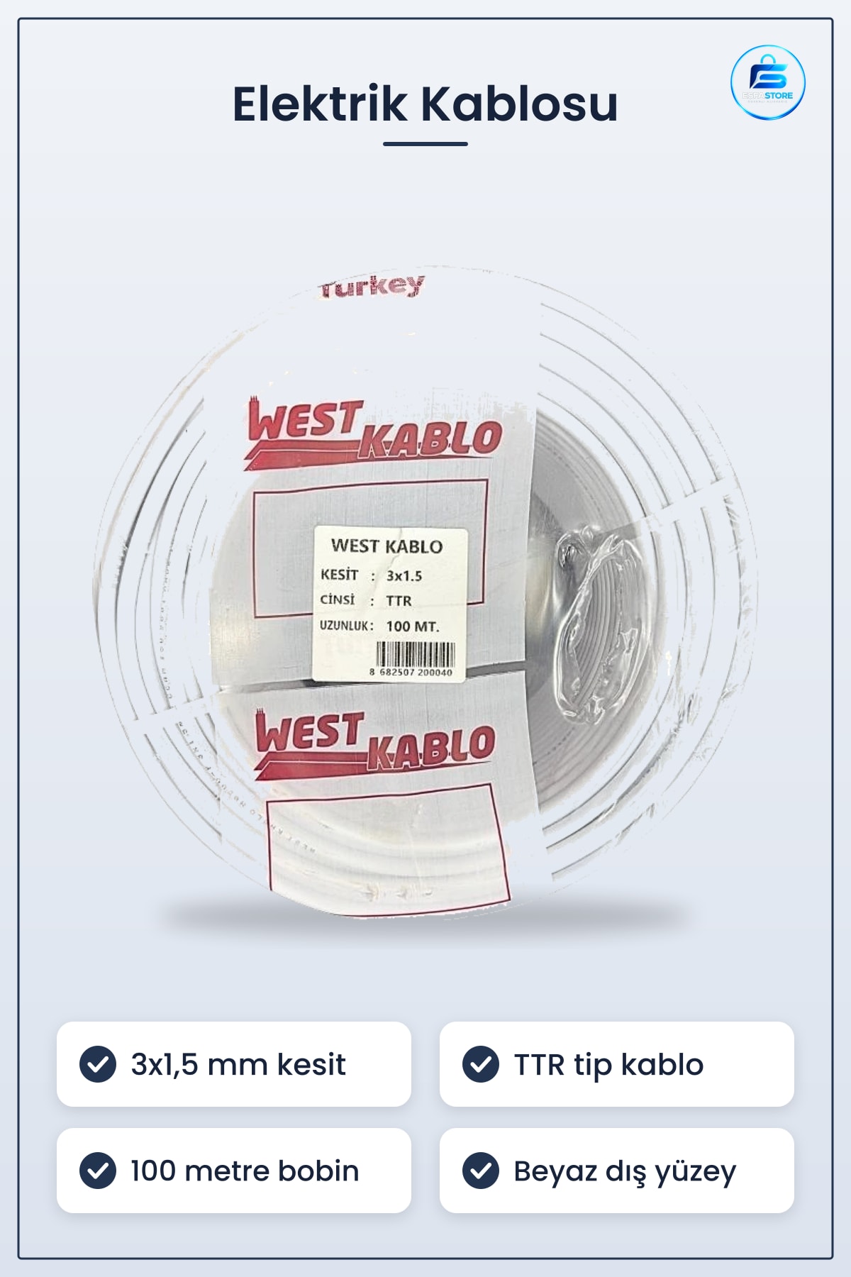 Elektrik Kablosu 3x1,5 mm TTR 100 Metre Bobin Beyaz Ev Tesisatı İçin Tek Makara Kablo