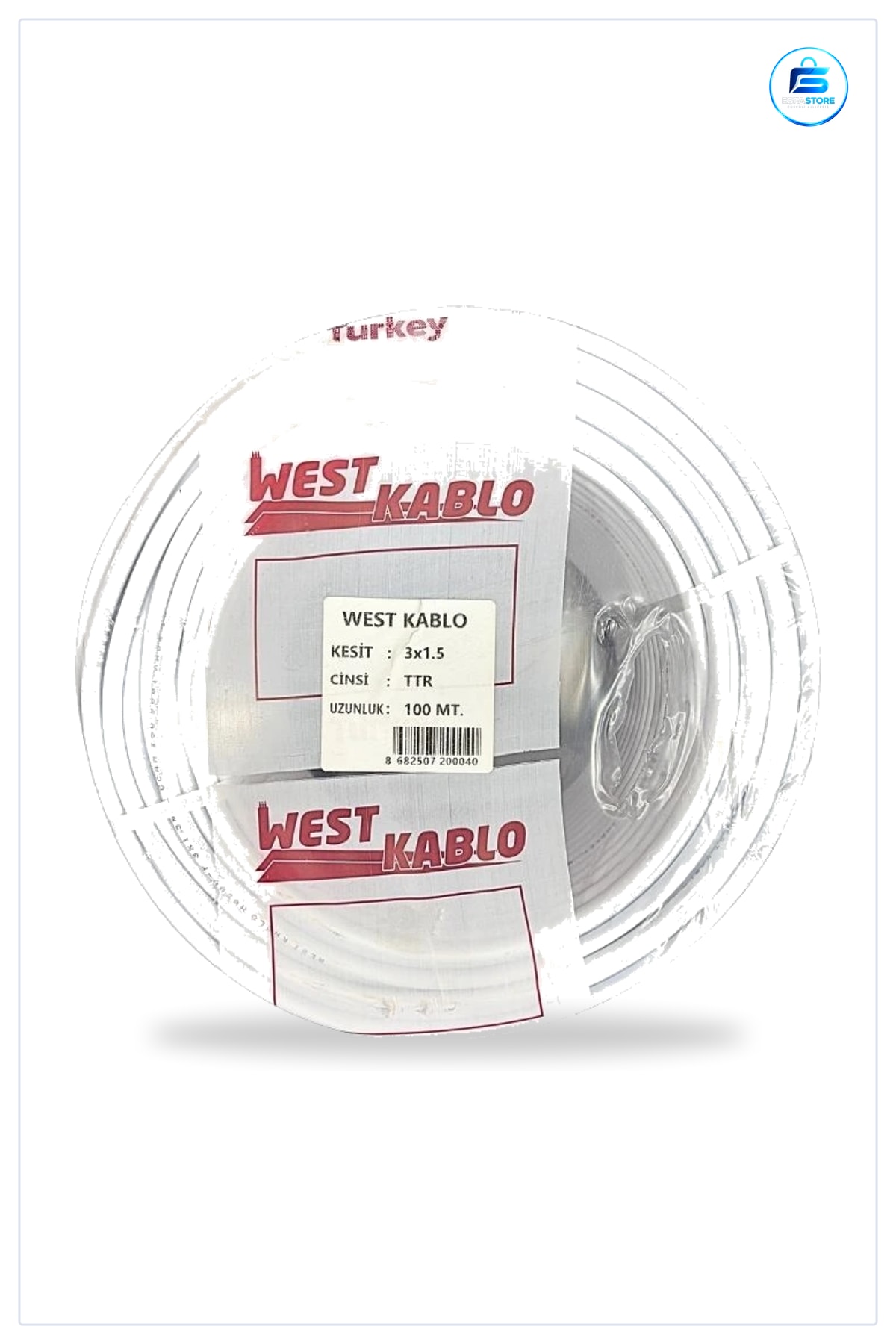 Elektrik Kablosu 3x1,5 mm TTR 100 Metre Bobin Beyaz Ev Tesisatı İçin Tek Makara Kablo