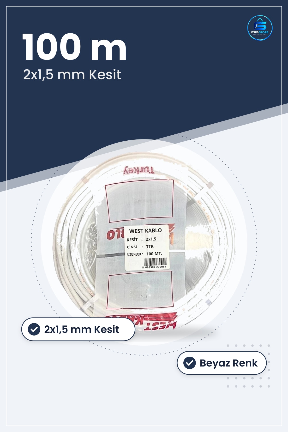 Elektrik Tesisat Kablosu 2x1,5 mm TTR 100 metre Beyaz Ev Ofis Montaj Kesitli Rulo