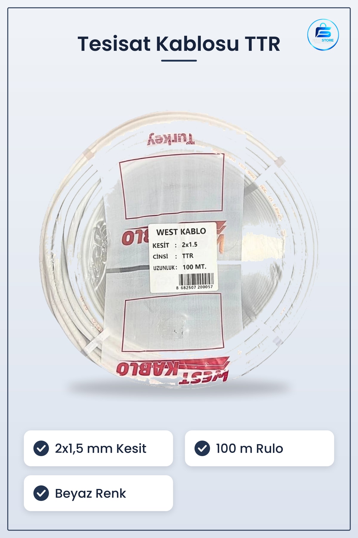 Elektrik Tesisat Kablosu 2x1,5 mm TTR 100 metre Beyaz Ev Ofis Montaj Kesitli Rulo