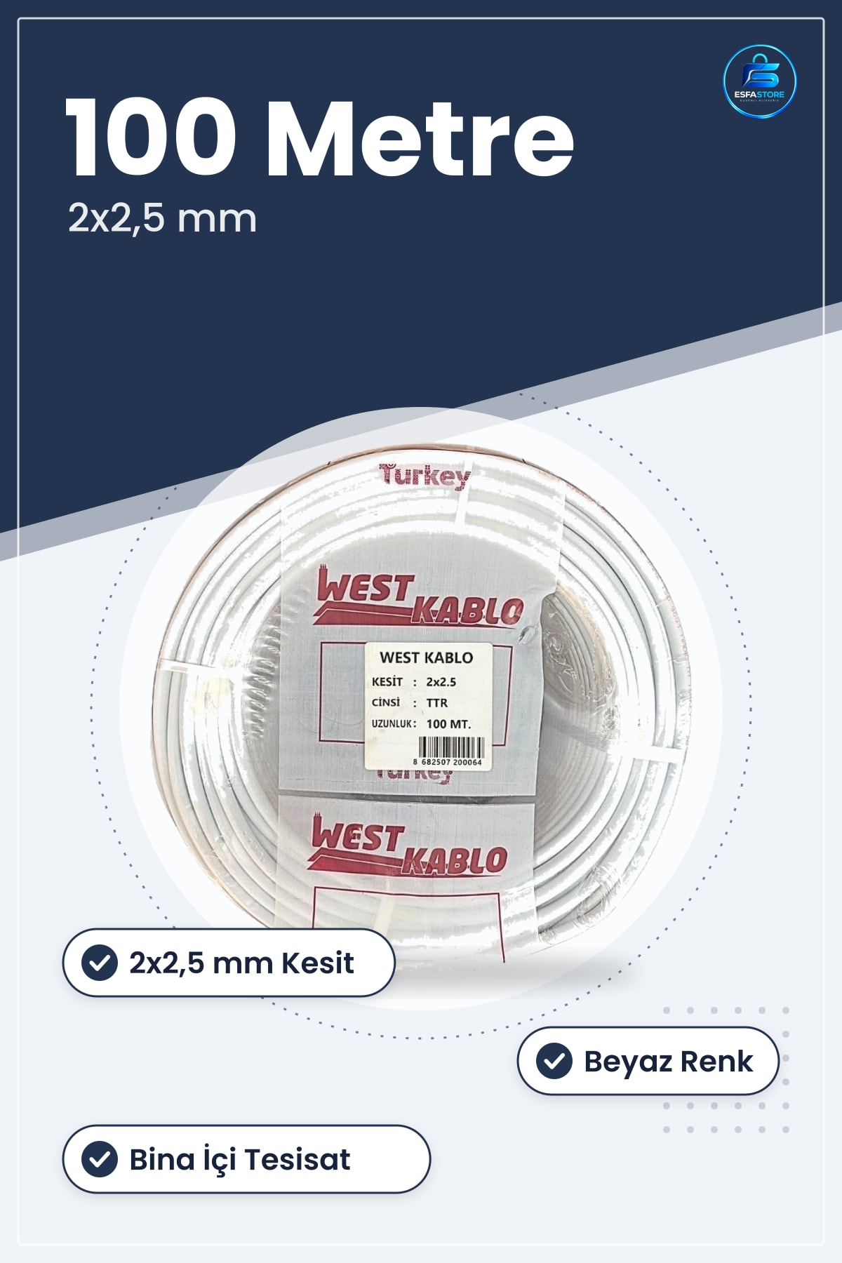 TTR Elektrik Tesisat Kablosu 2x2,5 mm 100 Metre Beyaz Kablo Rulo Ev Tesisatı İçin Montaj