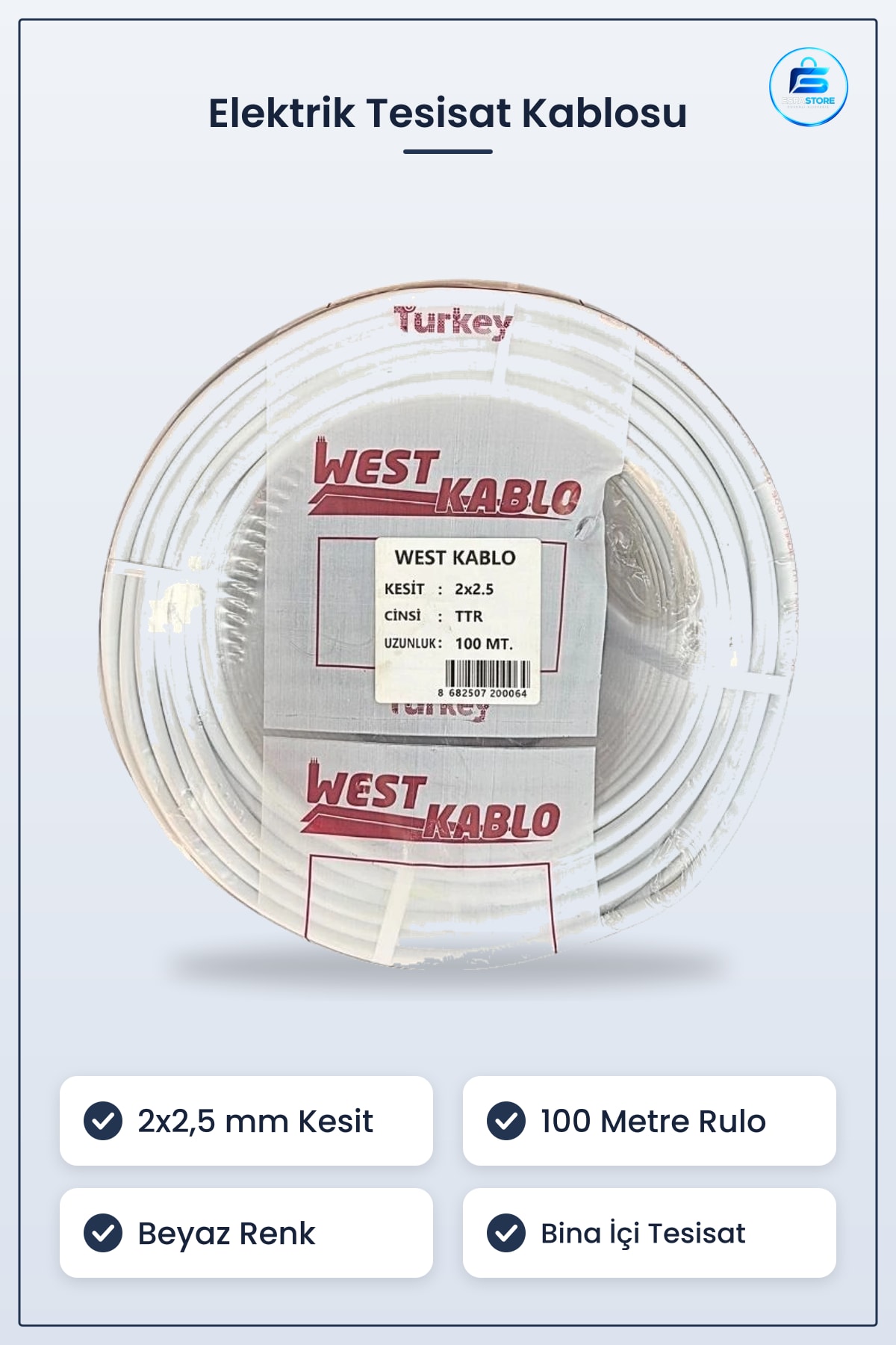 TTR Elektrik Tesisat Kablosu 2x2,5 mm 100 Metre Beyaz Kablo Rulo Ev Tesisatı İçin Montaj