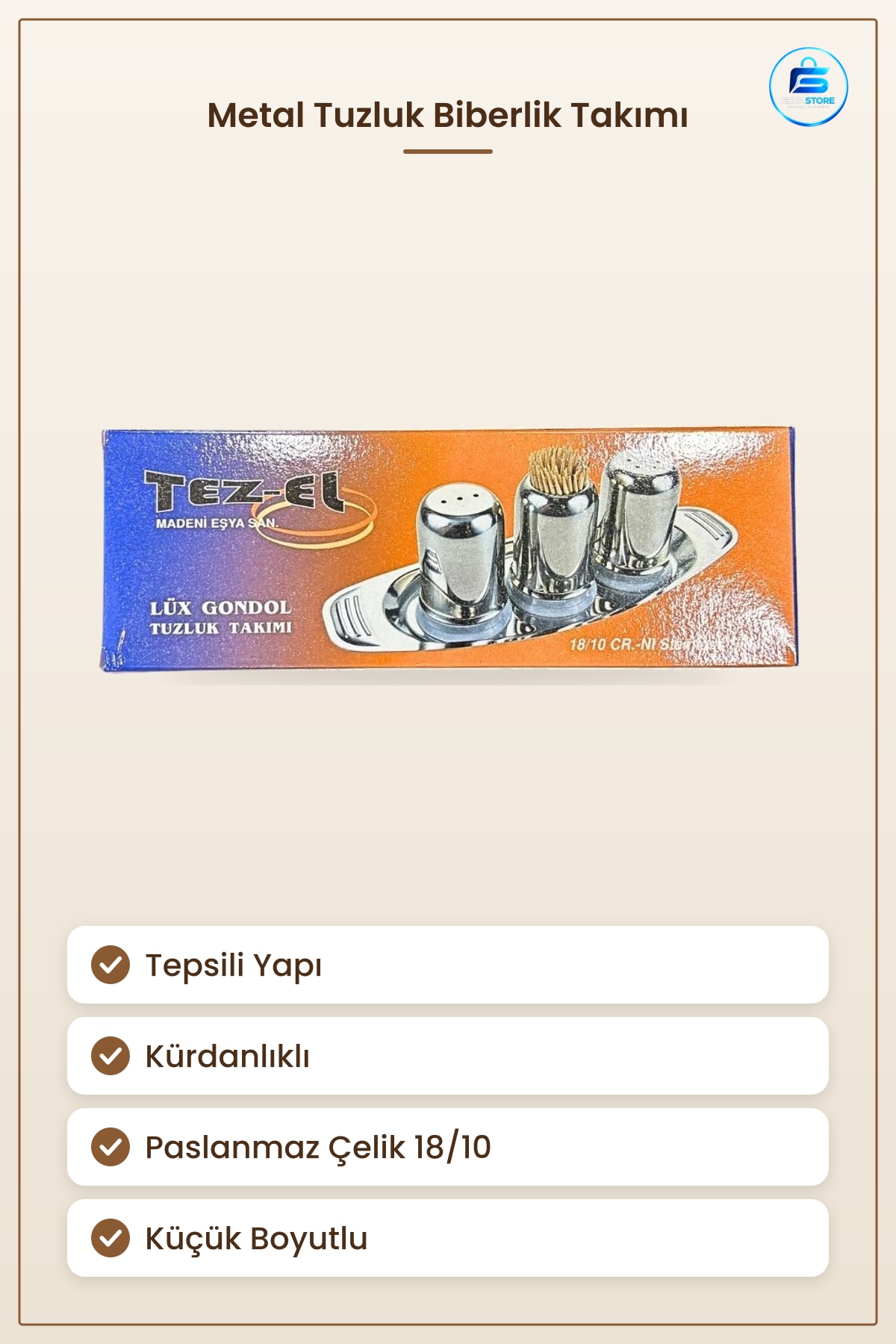 Küçük Metal Tuzluk Biberlik Takımı Sofra İçin Paslanmaz Çelik Kürdanlıklı Tepsili Mutfak Seti