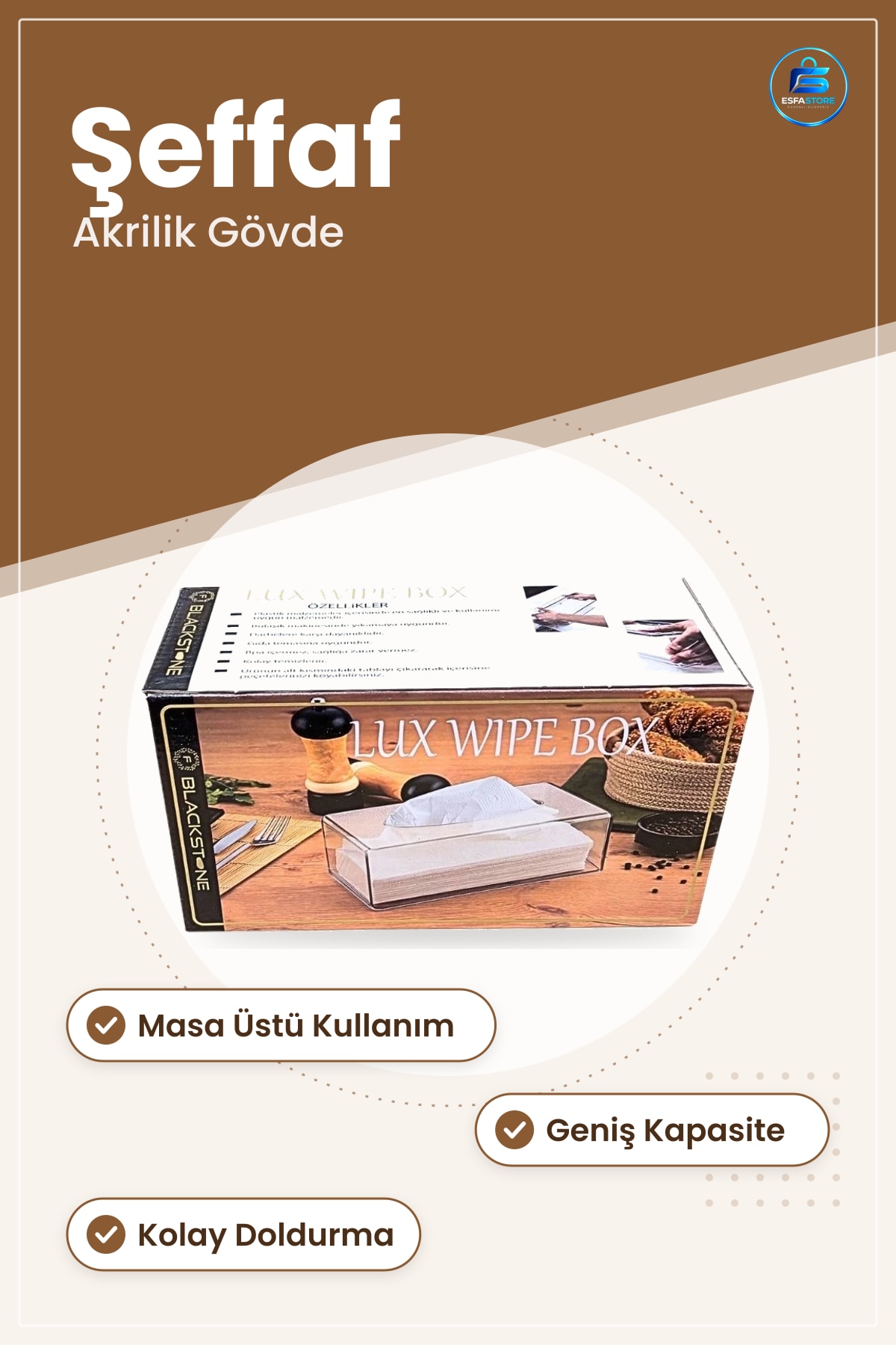 Peçetelik Lux Wipe Box Akrilik Şeffaf Masa Üstü Mutfak Servis Restoran Kafe Otel