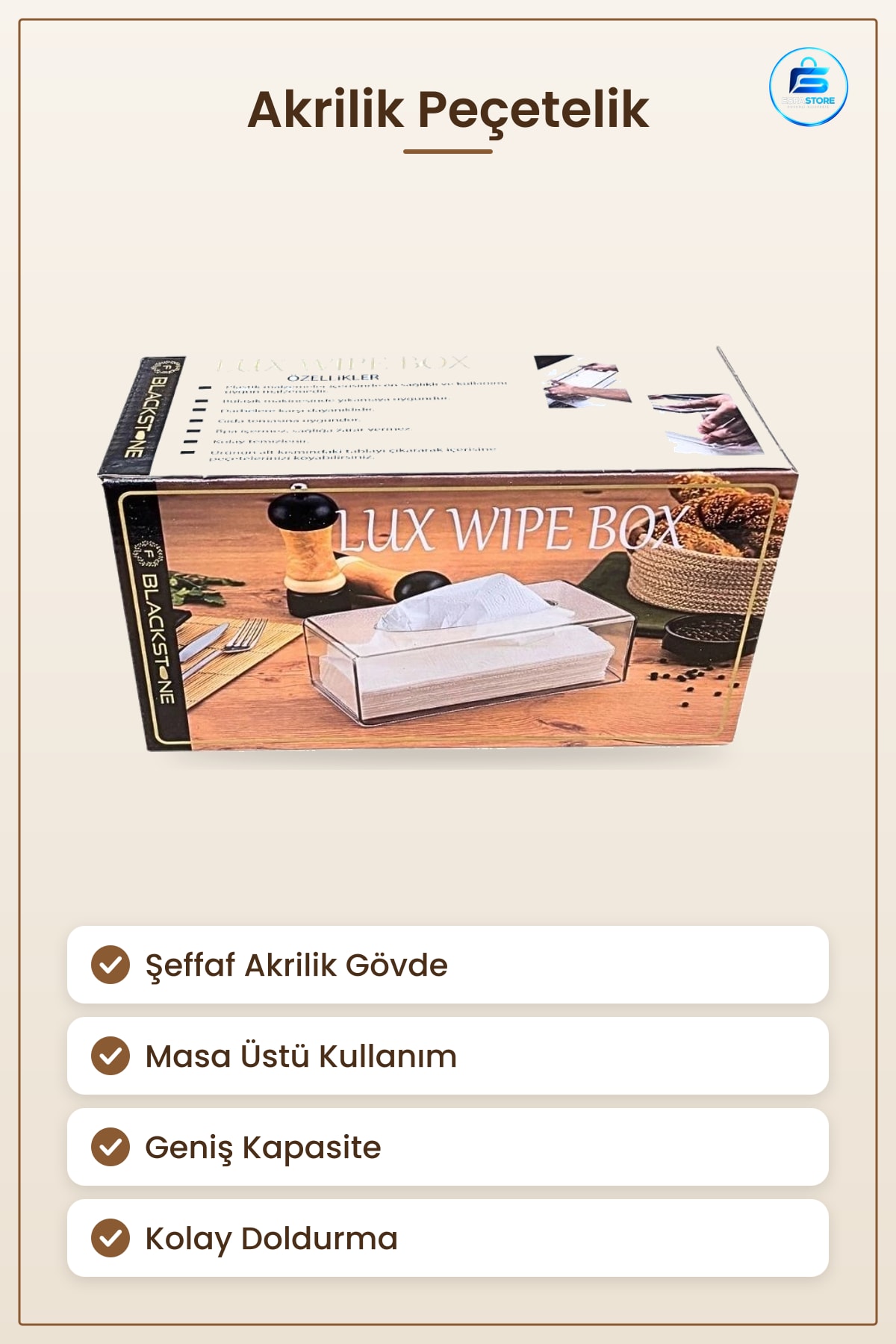 Peçetelik Lux Wipe Box Akrilik Şeffaf Masa Üstü Mutfak Servis Restoran Kafe Otel