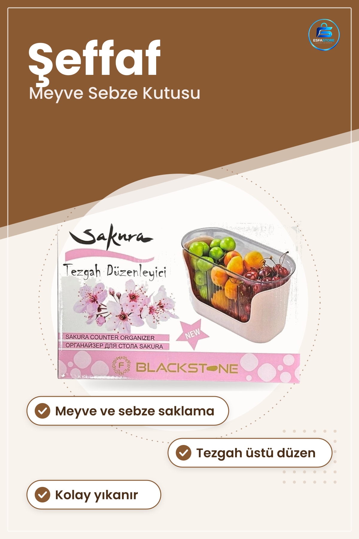 Sakura Tezgah Düzenleyici Meyve Sebze Saklama Kutusu Şeffaf Mutfak Organizer Sepeti