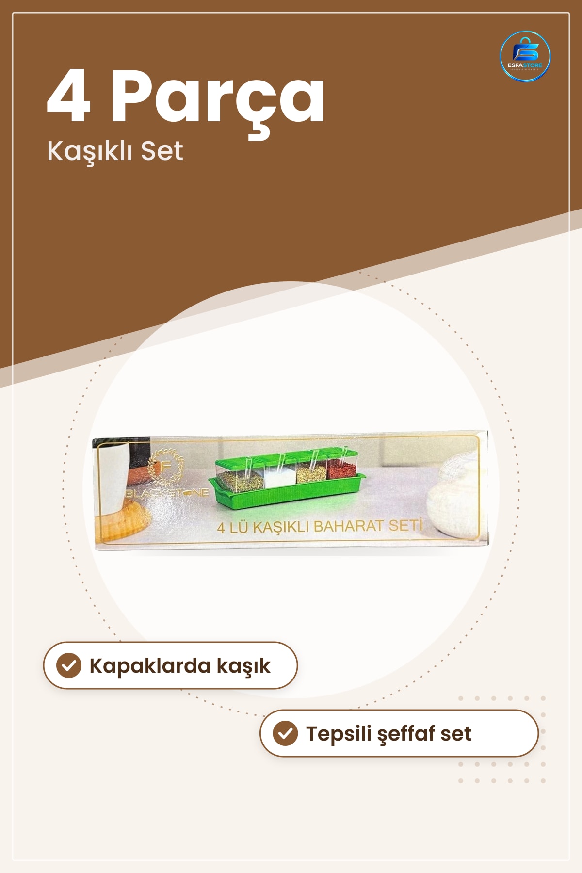 Baharatlık 4 Parça Kaşıklı Şeffaf Kare Baharat Seti Kapaklı Tepsili Mutfak Saklama Düzenleyici
