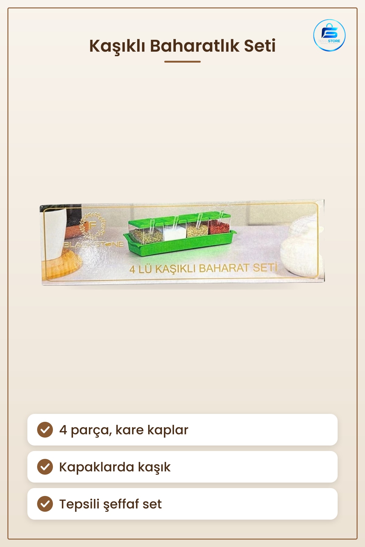 Baharatlık 4 Parça Kaşıklı Şeffaf Kare Baharat Seti Kapaklı Tepsili Mutfak Saklama Düzenleyici