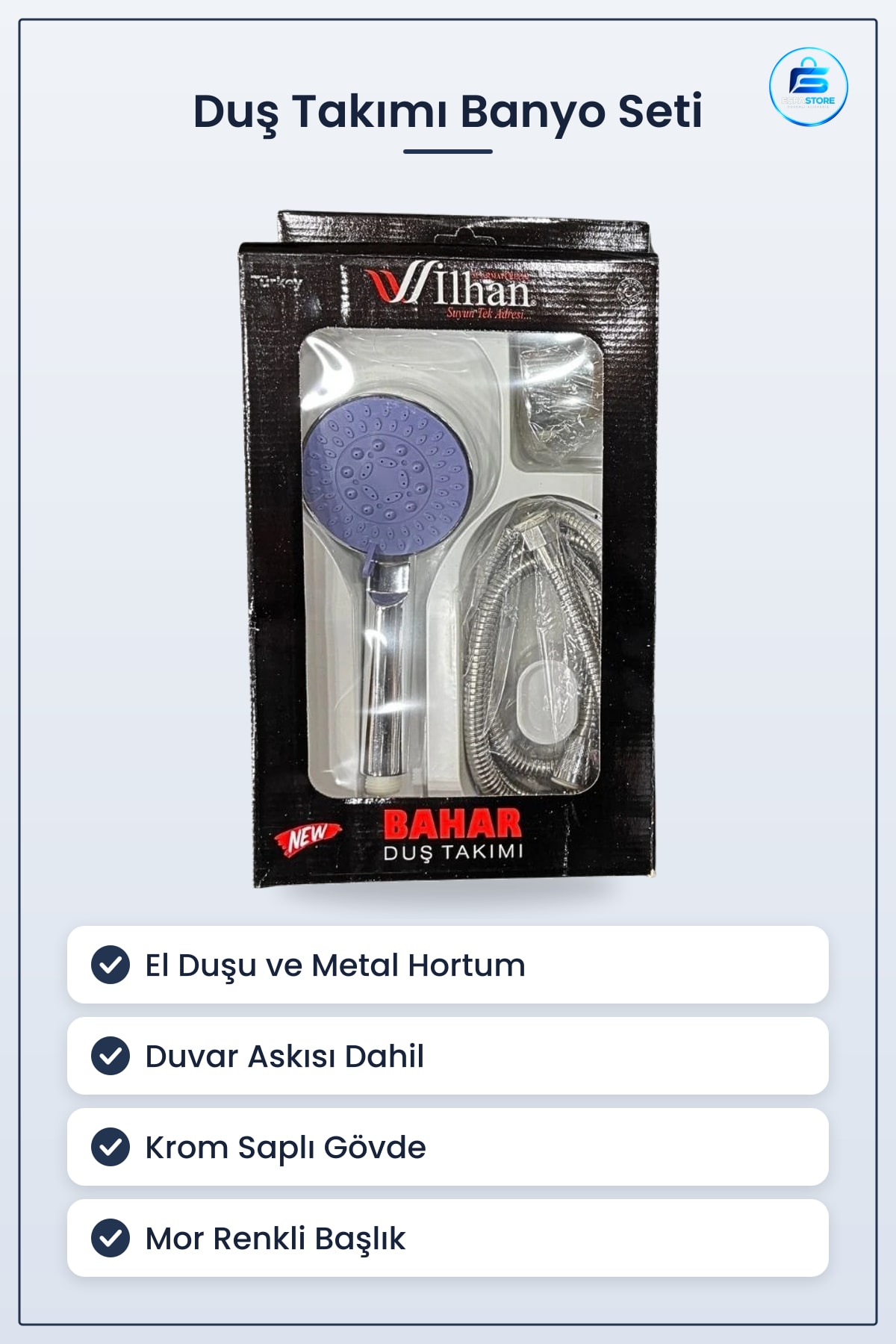 Bahar Lüks Duş Takımı Banyo Seti Elde Tutulan Başlık Metal Hortum ve Askı Aksesuarı