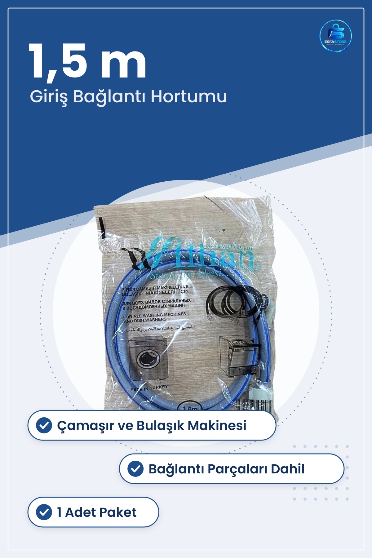 Temiz Su Giriş Hortumu 1,5 m Çamaşır ve Bulaşık Makinesi İçin Beyaz Eşya Yedek Parça