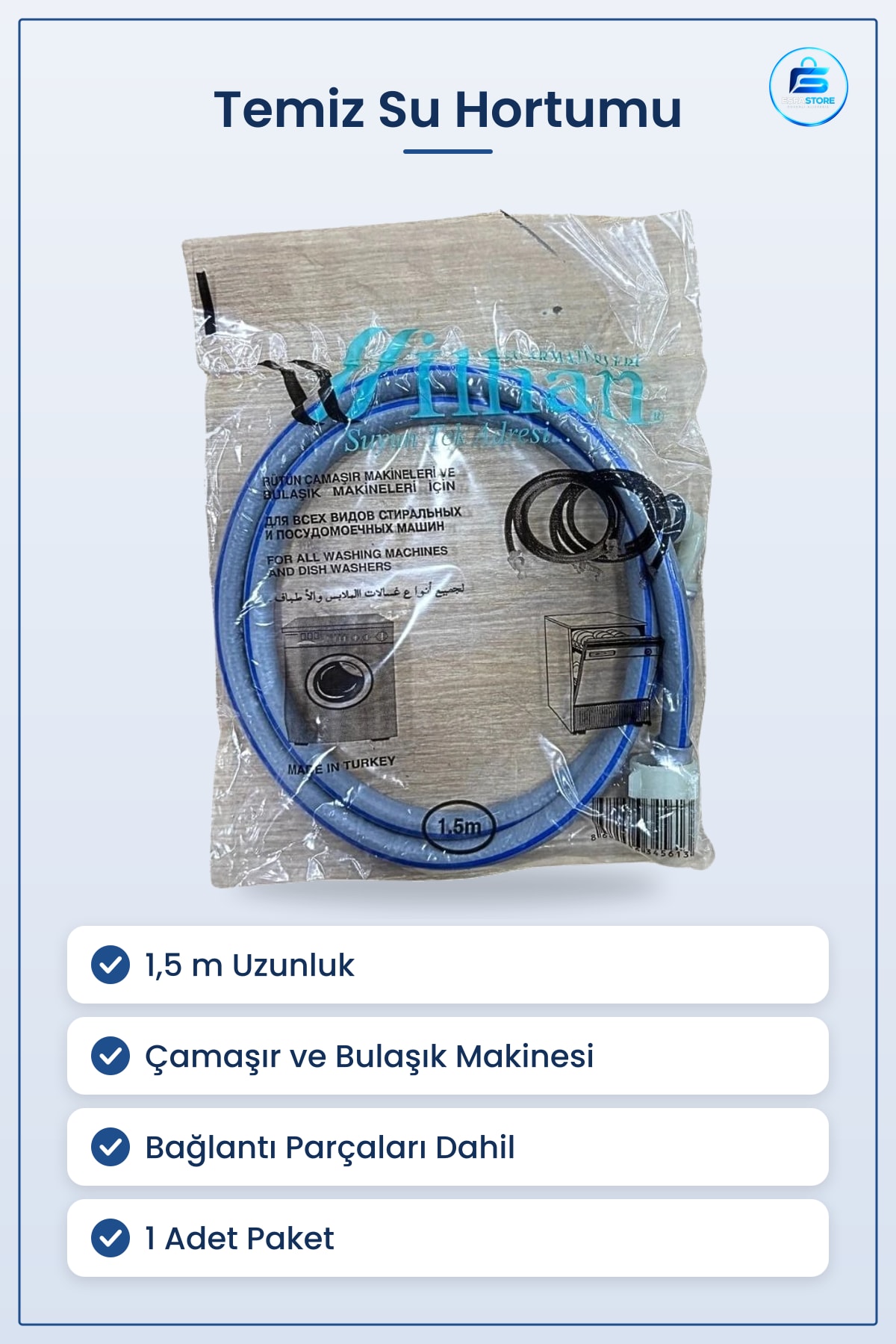 Temiz Su Giriş Hortumu 1,5 m Çamaşır ve Bulaşık Makinesi İçin Beyaz Eşya Yedek Parça