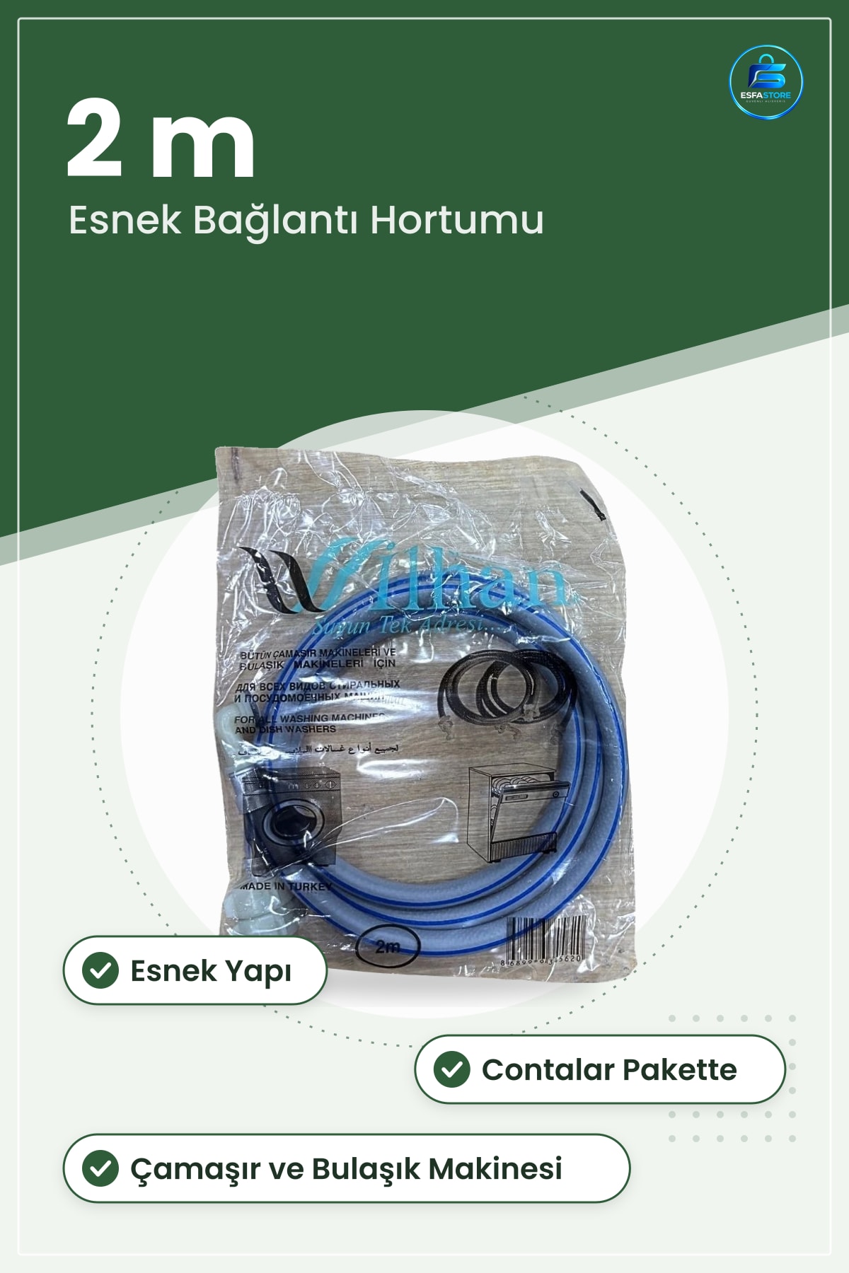 Temiz Su Hortumu 2 m Çamaşır ve Bulaşık Makinesi Girişi Esnek Mavi Çizgili Bağlantı