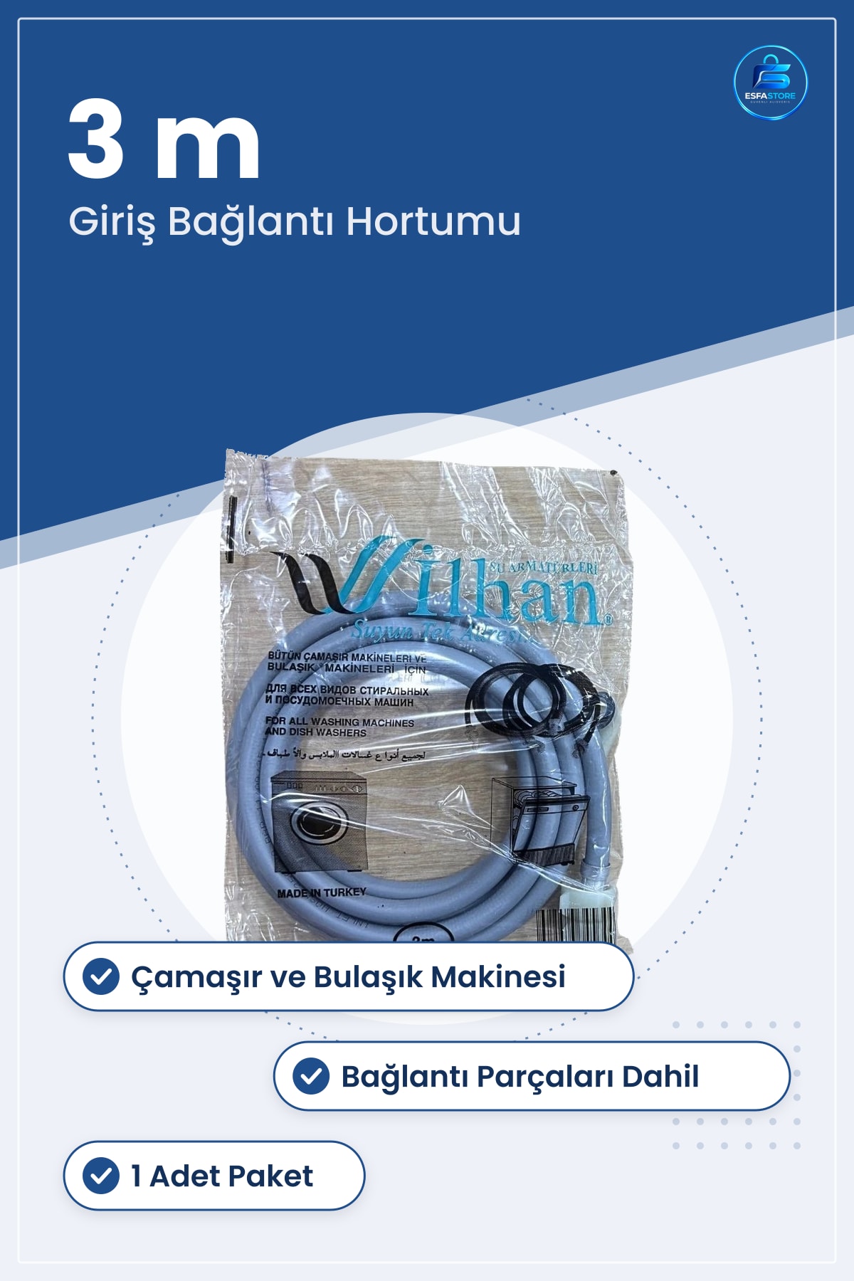 Temiz Su Hortumu 3 m Çamaşır ve Bulaşık Makinesi Yedek Parça Giriş Bağlantı Parçaları Dahil