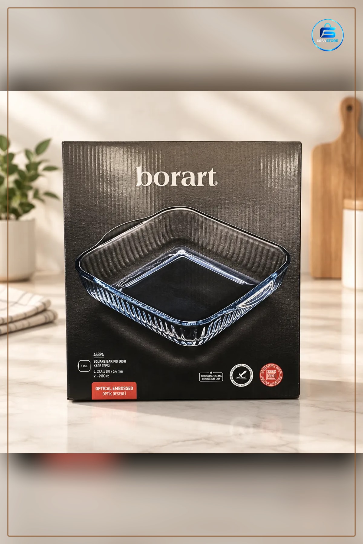 Kare Tepsi Optik Desenli Borosilikat Cam Fırın Kabı 274x300x54 mm cc Mutfak Sunum Servis