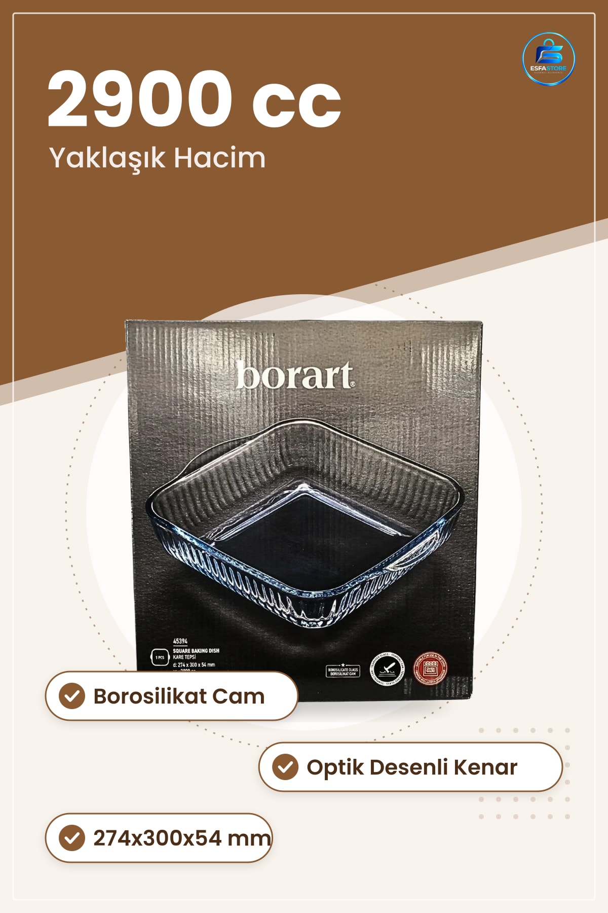 Kare Tepsi Optik Desenli Borosilikat Cam Fırın Kabı 274x300x54 mm cc Mutfak Sunum Servis