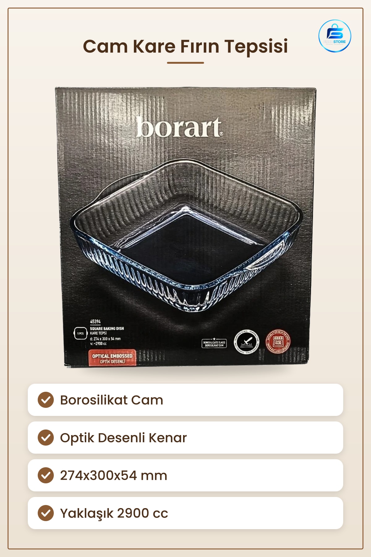 Kare Tepsi Optik Desenli Borosilikat Cam Fırın Kabı 274x300x54 mm cc Mutfak Sunum Servis