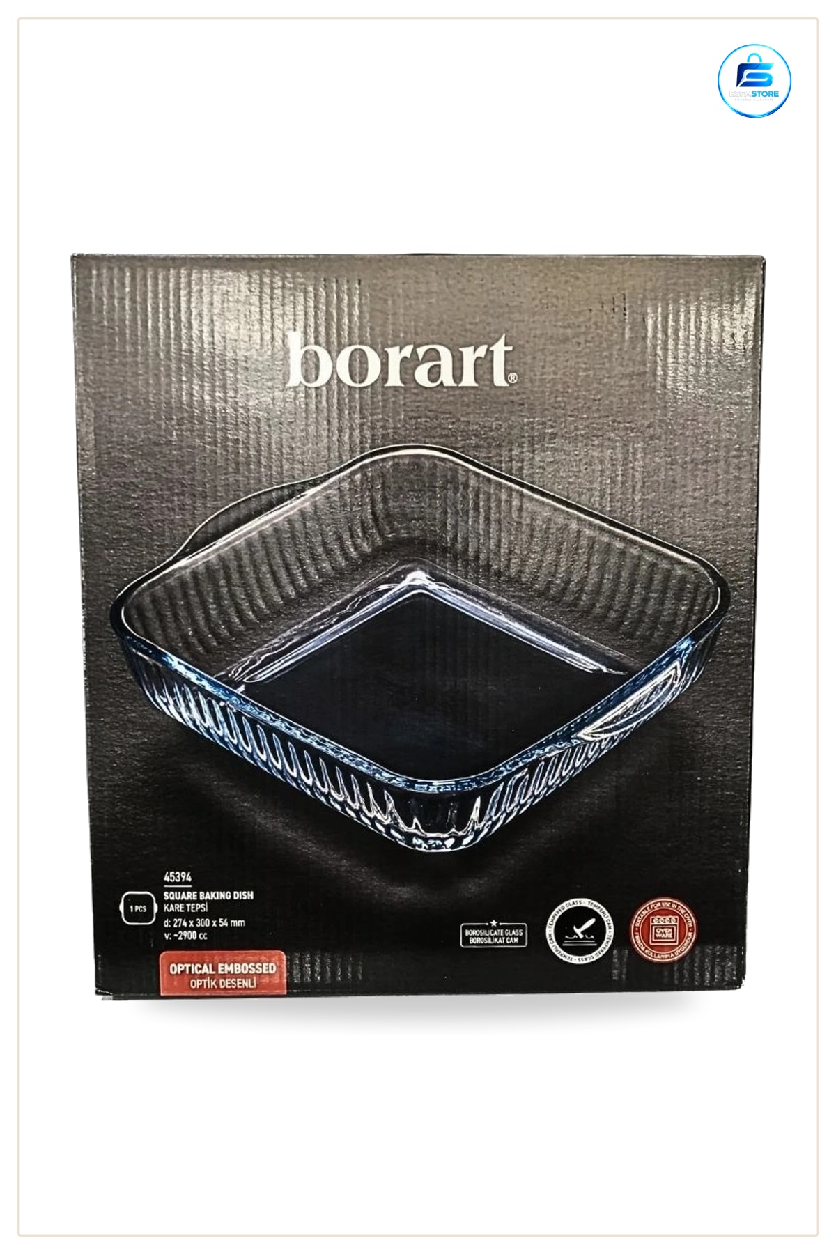 Kare Tepsi Optik Desenli Borosilikat Cam Fırın Kabı 274x300x54 mm cc Mutfak Sunum Servis