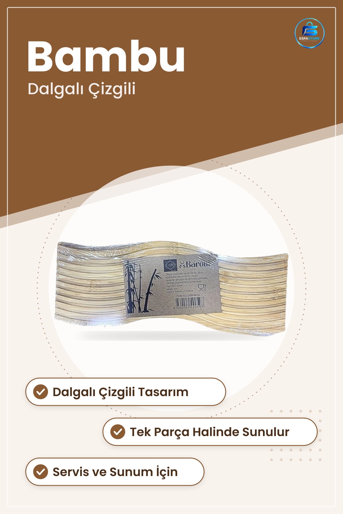Bambu Sunumluk Tepsi Dalgalı Çizgili Servis Mutfak Sofra Dekoratif Yemek Tabağı Şık