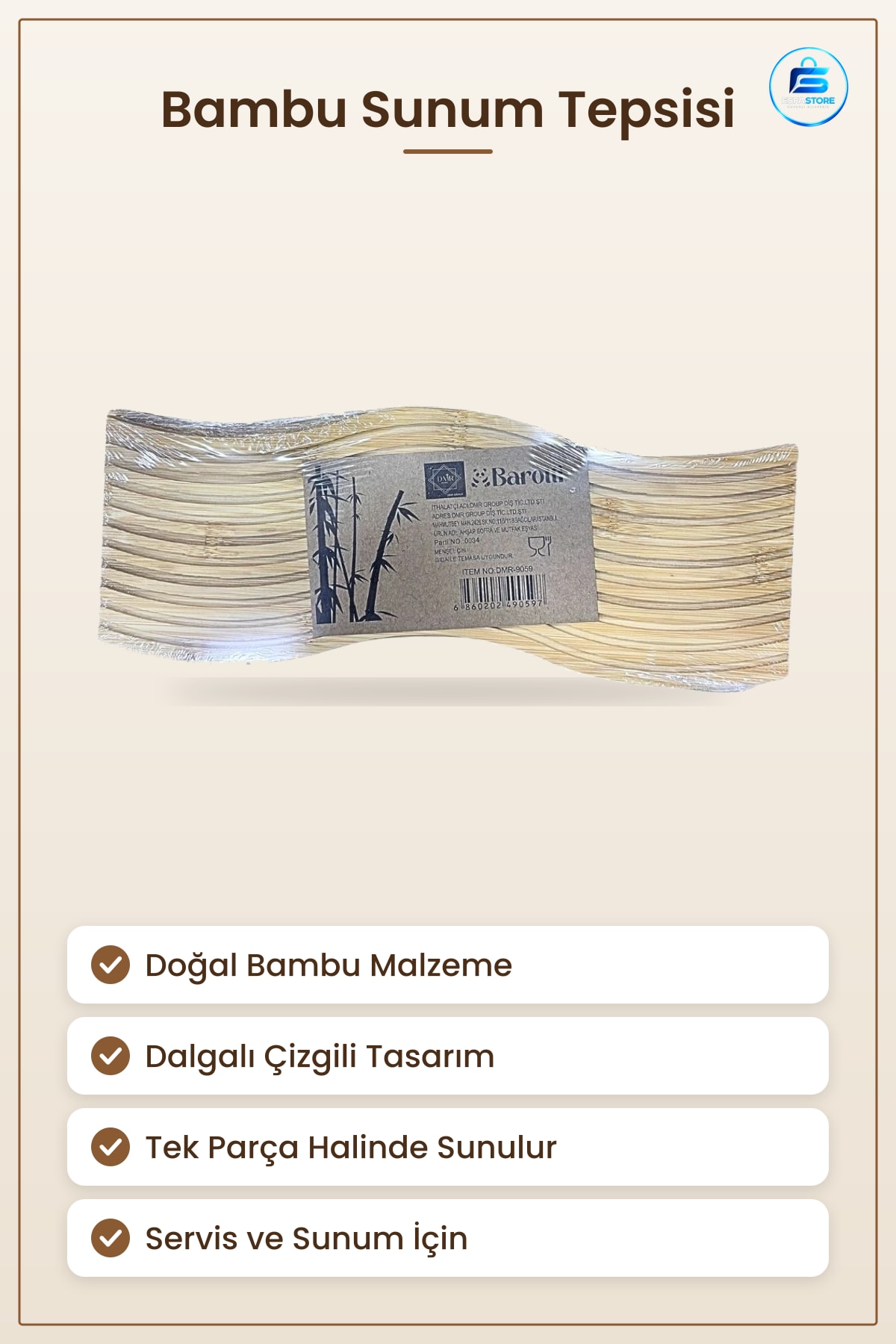 Bambu Sunumluk Tepsi Dalgalı Çizgili Servis Mutfak Sofra Dekoratif Yemek Tabağı Şık