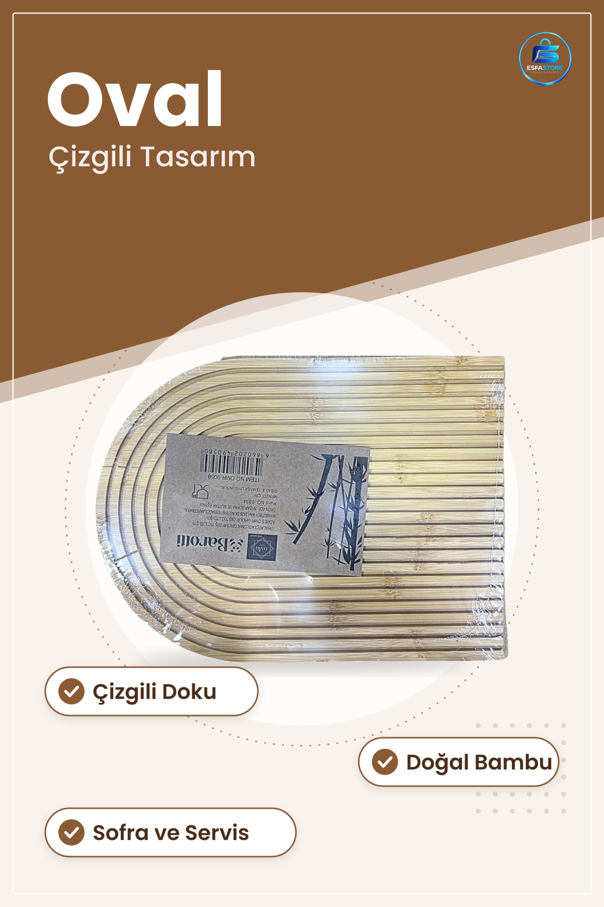 Bambu Oval Çizgili Sunumluk Tepsi Mutfak Servis Tabağı Doğal Görünümlü Ev Sofra Sunumu