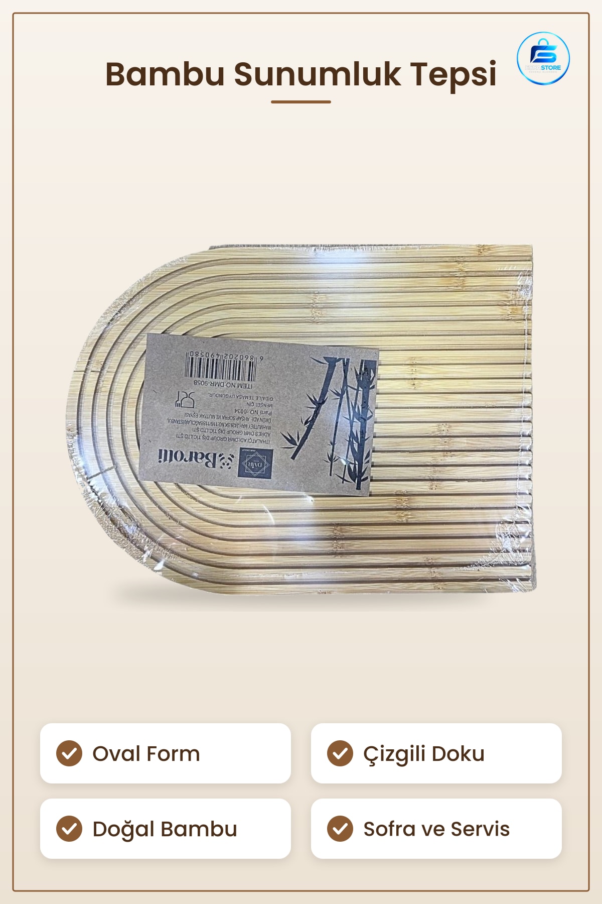 Bambu Oval Çizgili Sunumluk Tepsi Mutfak Servis Tabağı Doğal Görünümlü Ev Sofra Sunumu
