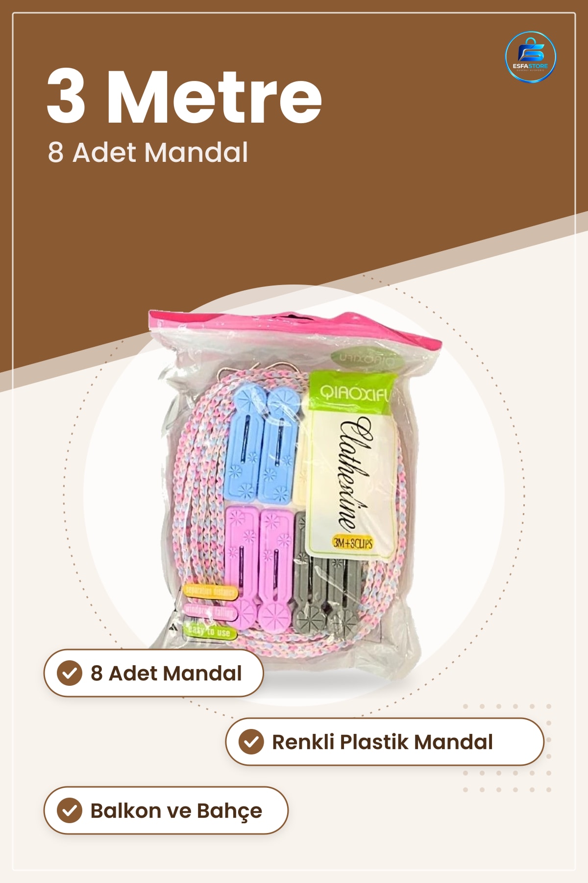 Mandallı Çamaşır İpi 3 m 8 Adet Mandal Seti Renkli Plastik Balkon Kurutma Ev Gereçleri