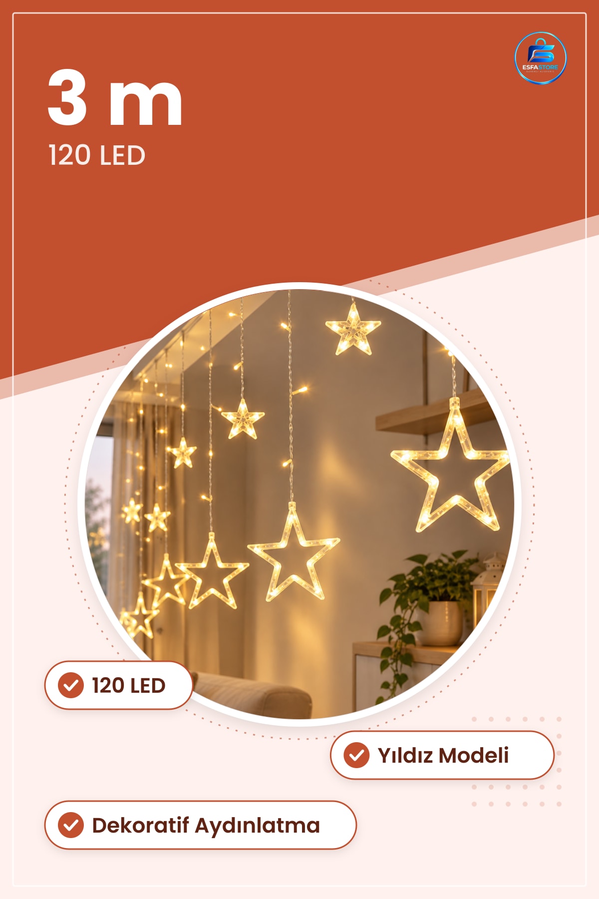 LED Işık Perde 3 m LED'li Yıldız Modeli Dekoratif Pencere Süsü Aydınlatma Lambası Ev Dekoru