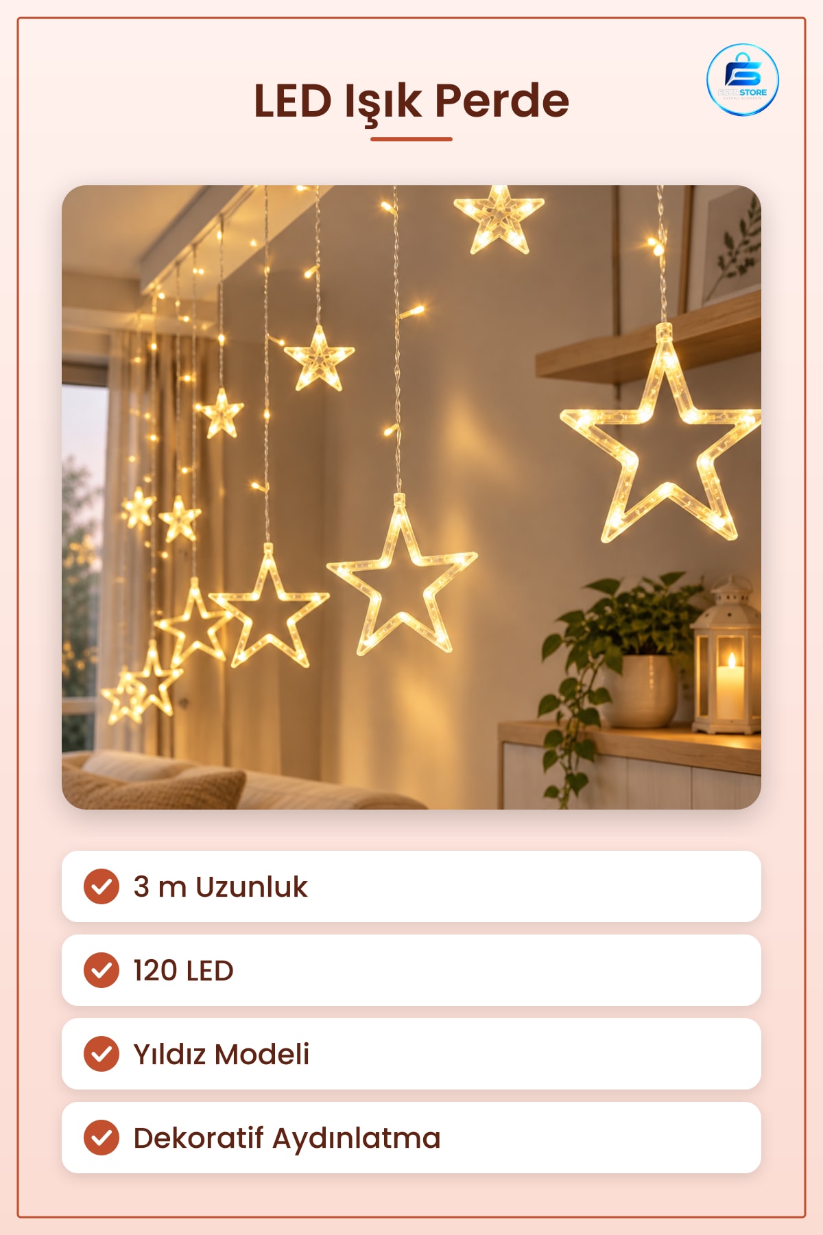 LED Işık Perde 3 m LED'li Yıldız Modeli Dekoratif Pencere Süsü Aydınlatma Lambası Ev Dekoru
