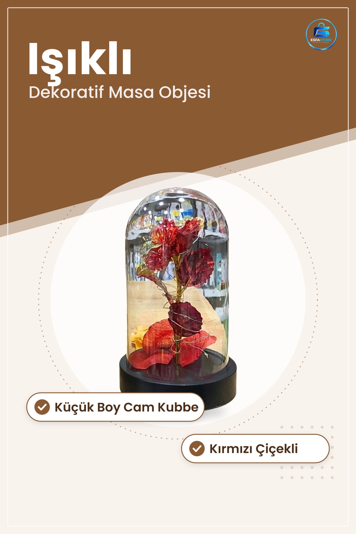 Işıklı Fanus Küçük Boy Cam Dekoratif Obje Kırmızı Gül Biblo Ev Dekorasyonu İçin Masa Üstü