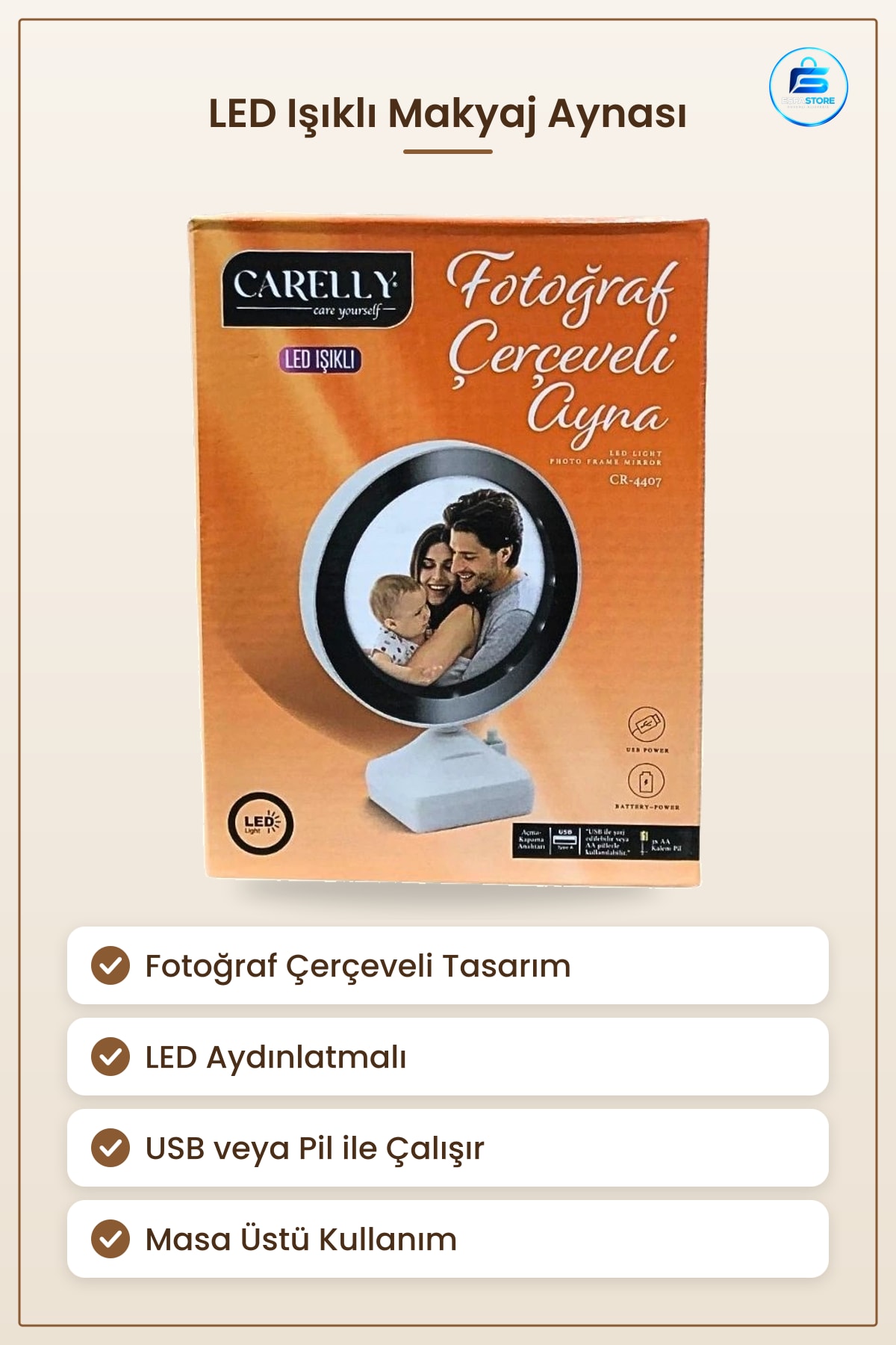 Ayna Ledli Fotoğraf Çerçeveli Masa Üstü Makyaj Banyo Ev Dekorasyon Yuvarlak USB Pilli