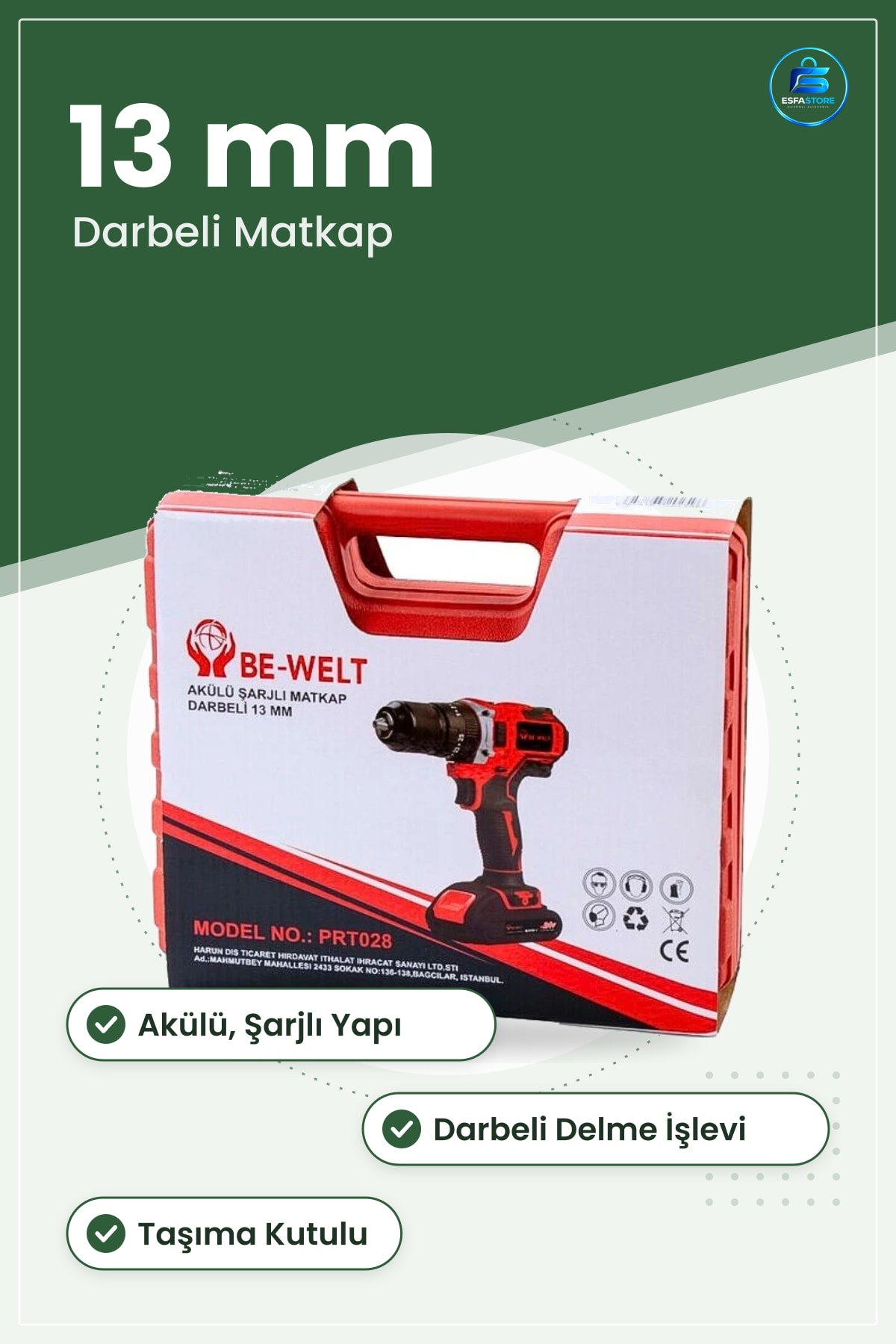 Şarjlı Darbeli Matkap 13 mm Akülü Delme Vidalama Ev Atölye Bahçe Elektrikli El Aleti