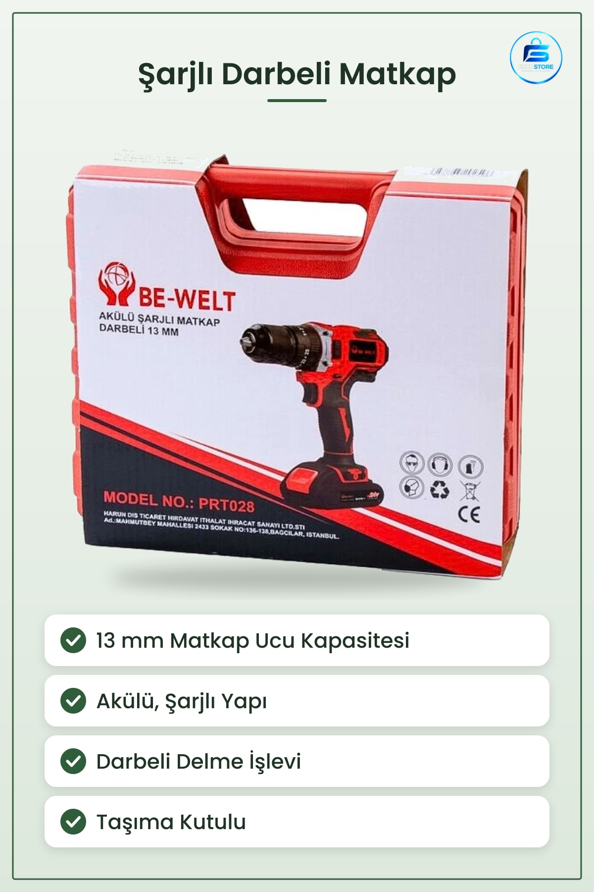 Şarjlı Darbeli Matkap 13 mm Akülü Delme Vidalama Ev Atölye Bahçe Elektrikli El Aleti